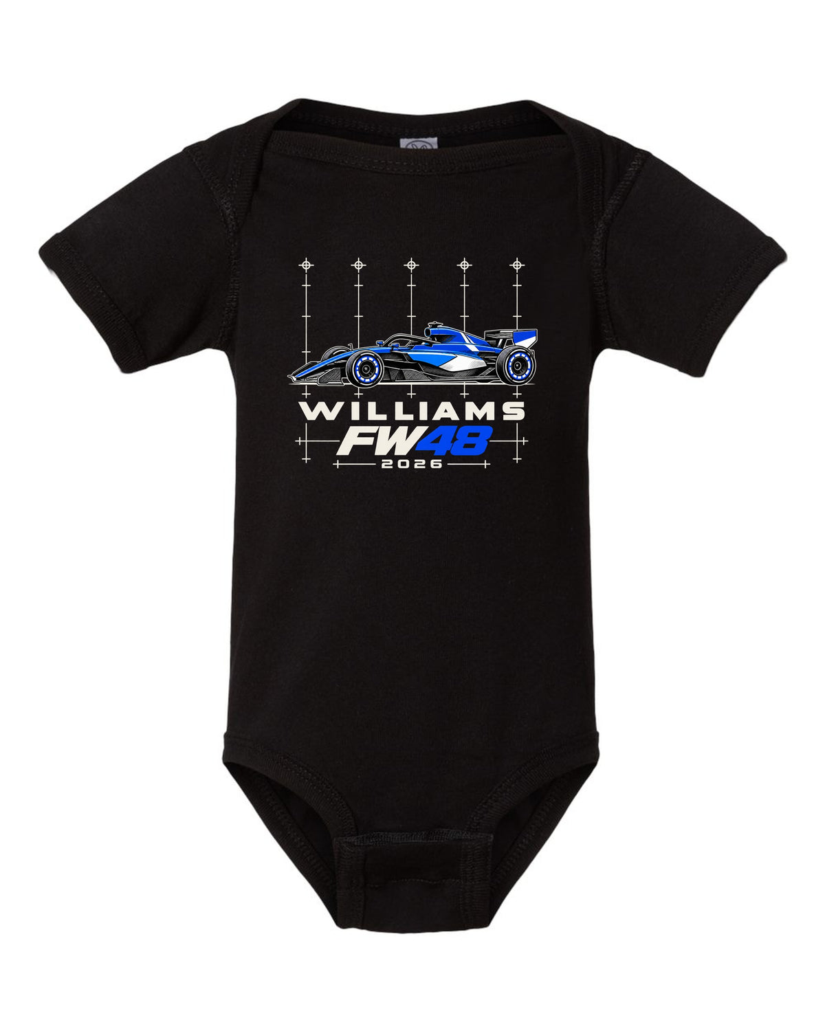 Williams FW48 2026 F1 car technical poster artwork black baby onesie front view with the design