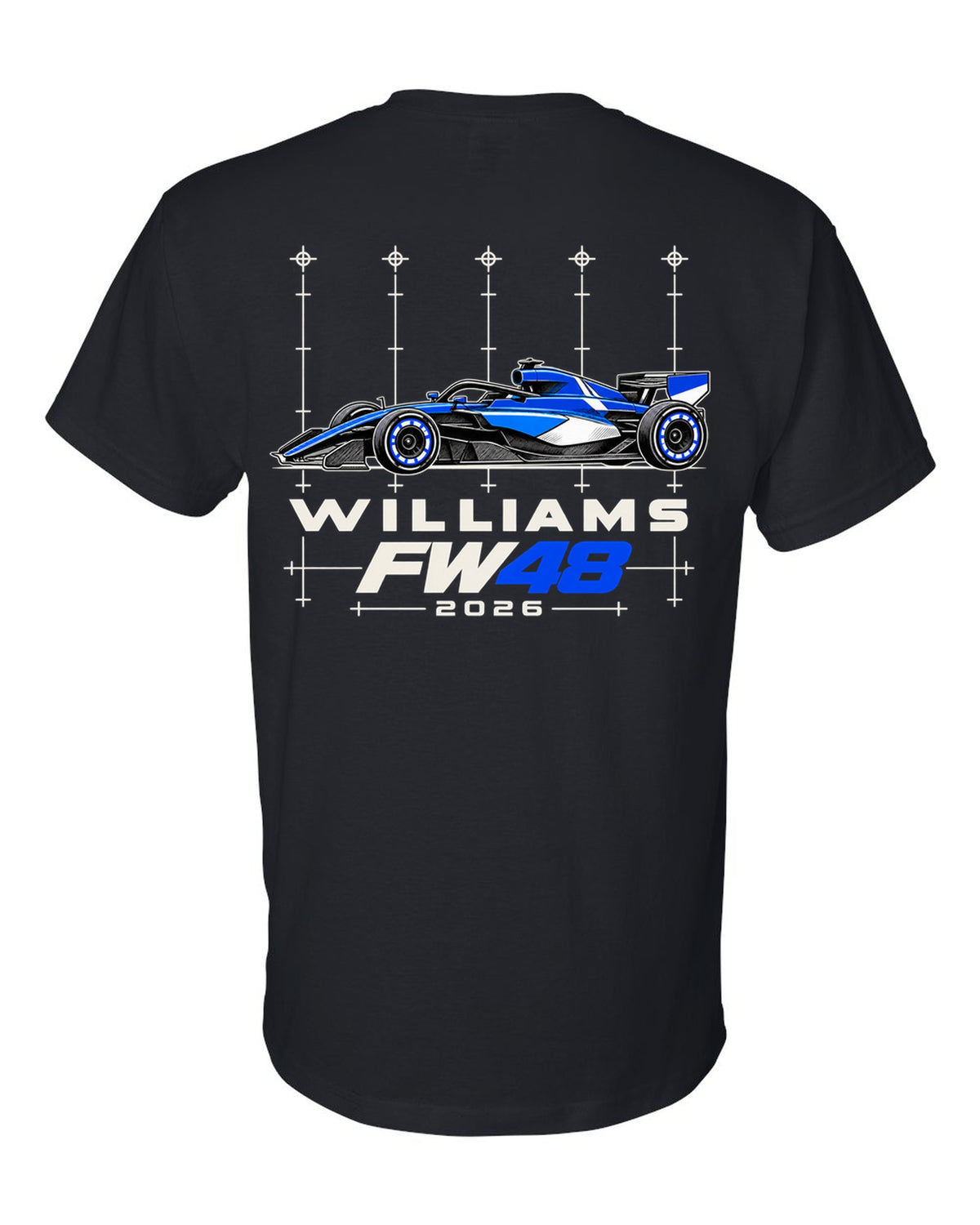 Williams FW48 2026 F1 car technical poster artwork black t-shirt back view with the design