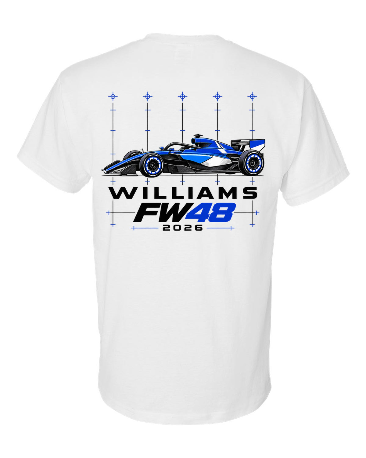 Williams FW48 2026 F1 car technical poster artwork white t-shirt back view with the design