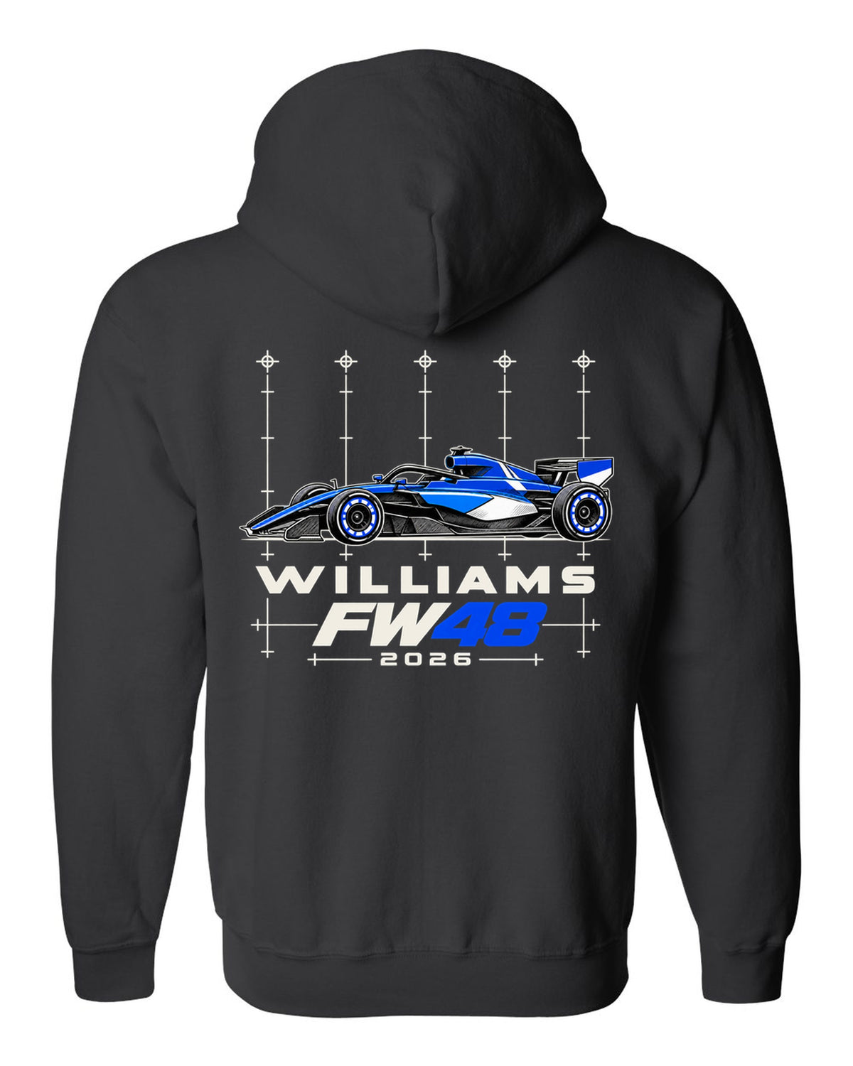 Williams FW48 2026 F1 car technical poster artwork black zip hoodie back view with the design