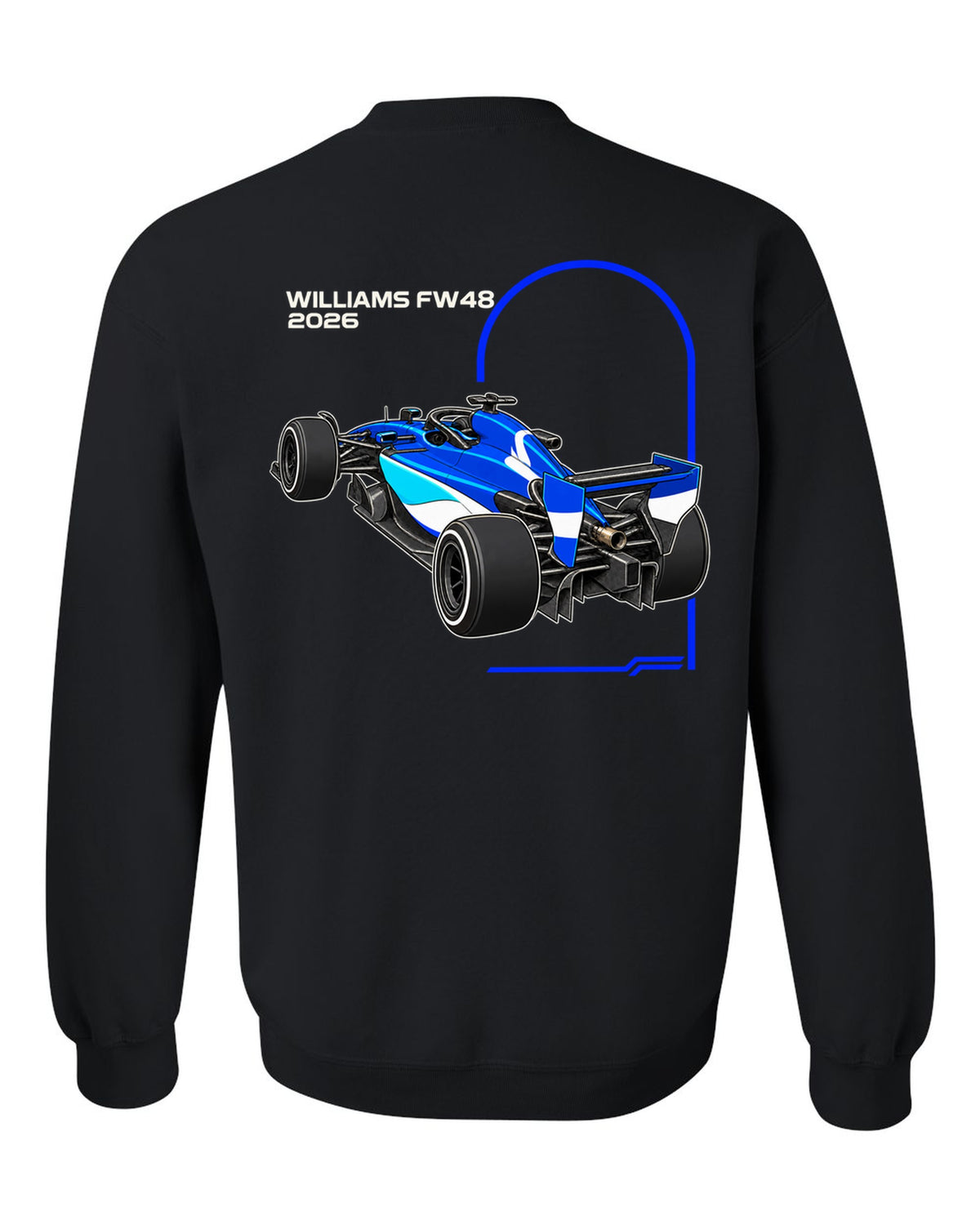 Williams FW48 2026 F1 car technical poster artwork black crewneck back view with the design