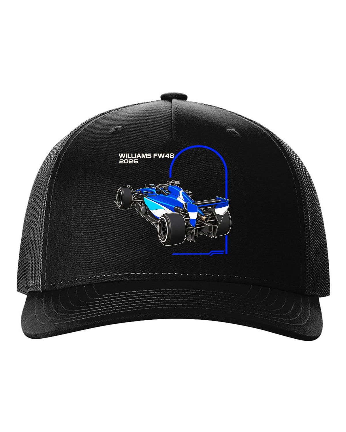 Williams FW48 2026 F1 car technical poster artwork black hat front view with the design