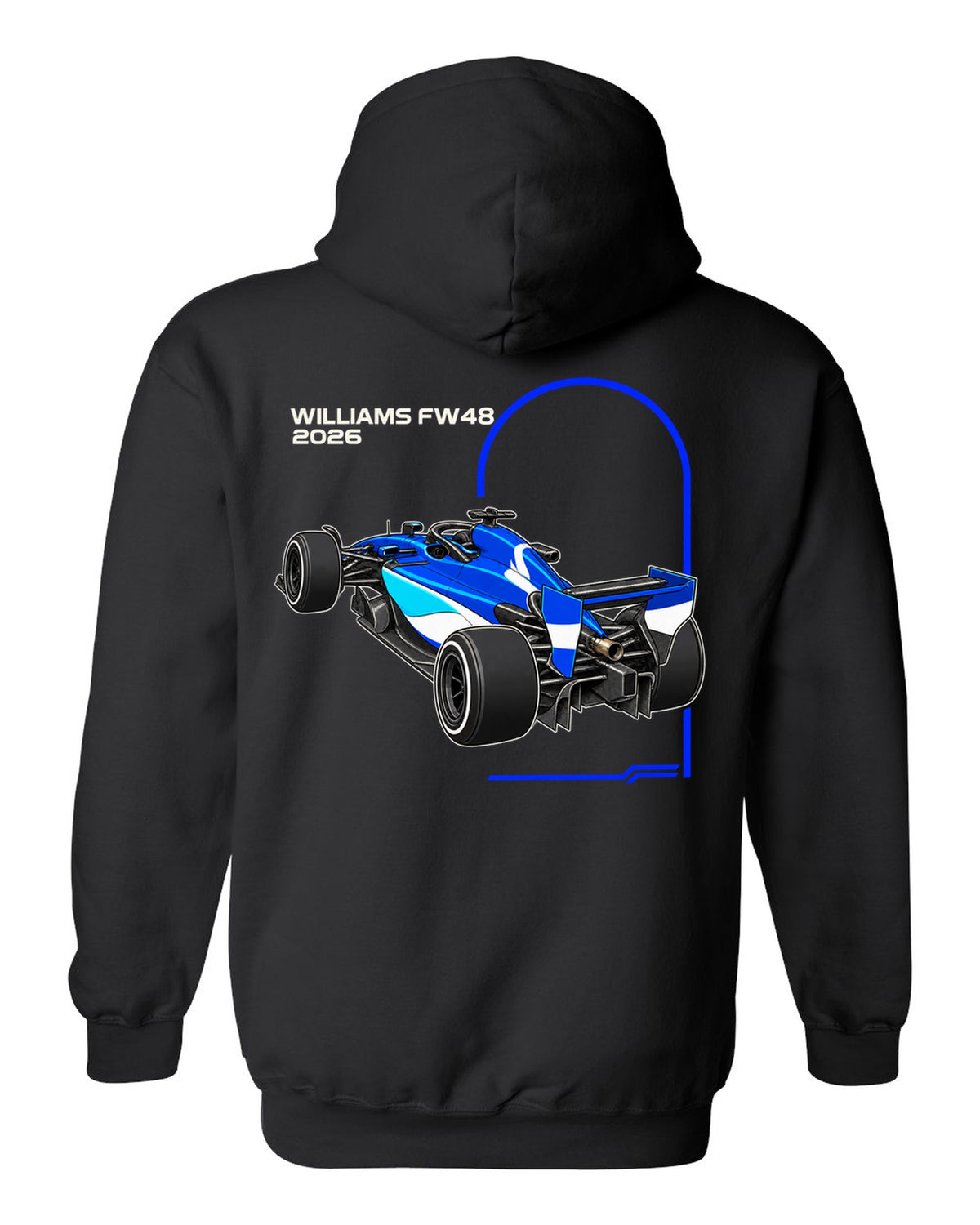 Williams FW48 2026 F1 car technical poster artwork black pull over hoodie back view with the design