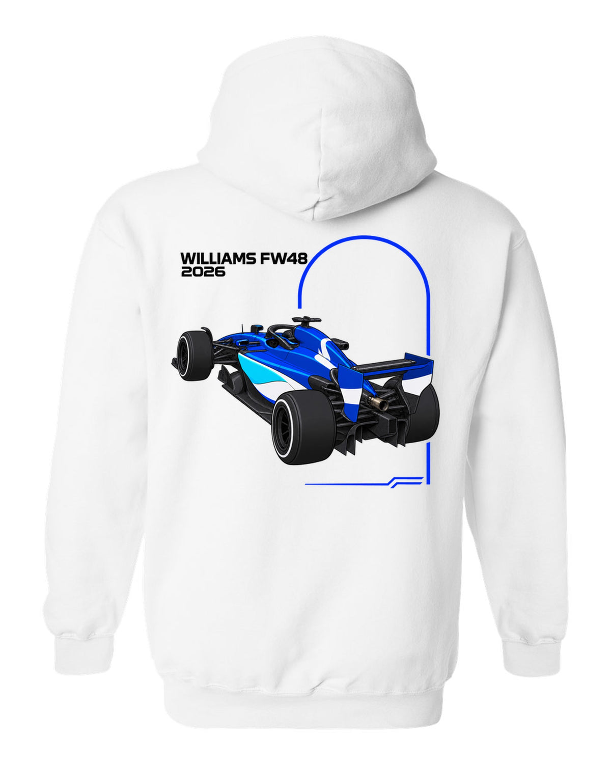 Williams FW48 2026 F1 car technical poster artwork white pull over hoodie back view with the design