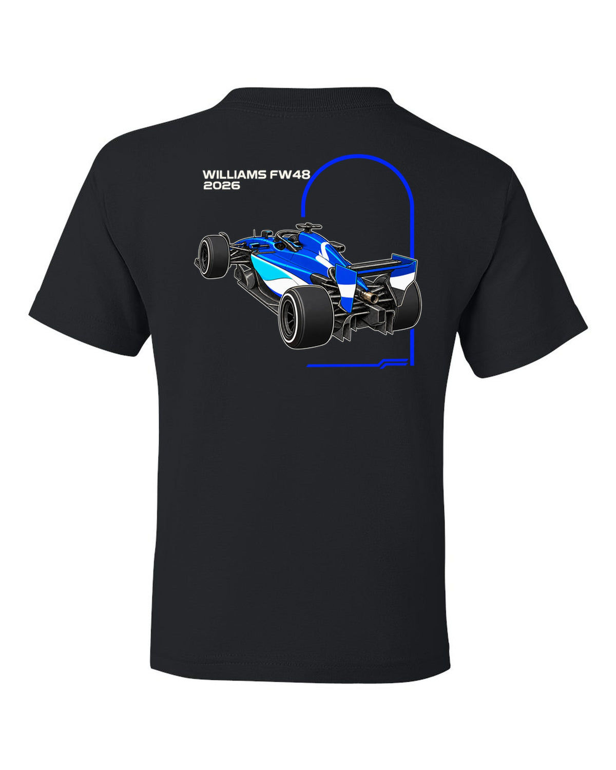 Williams FW48 2026 F1 car technical poster artwork black kids tee back view with the design