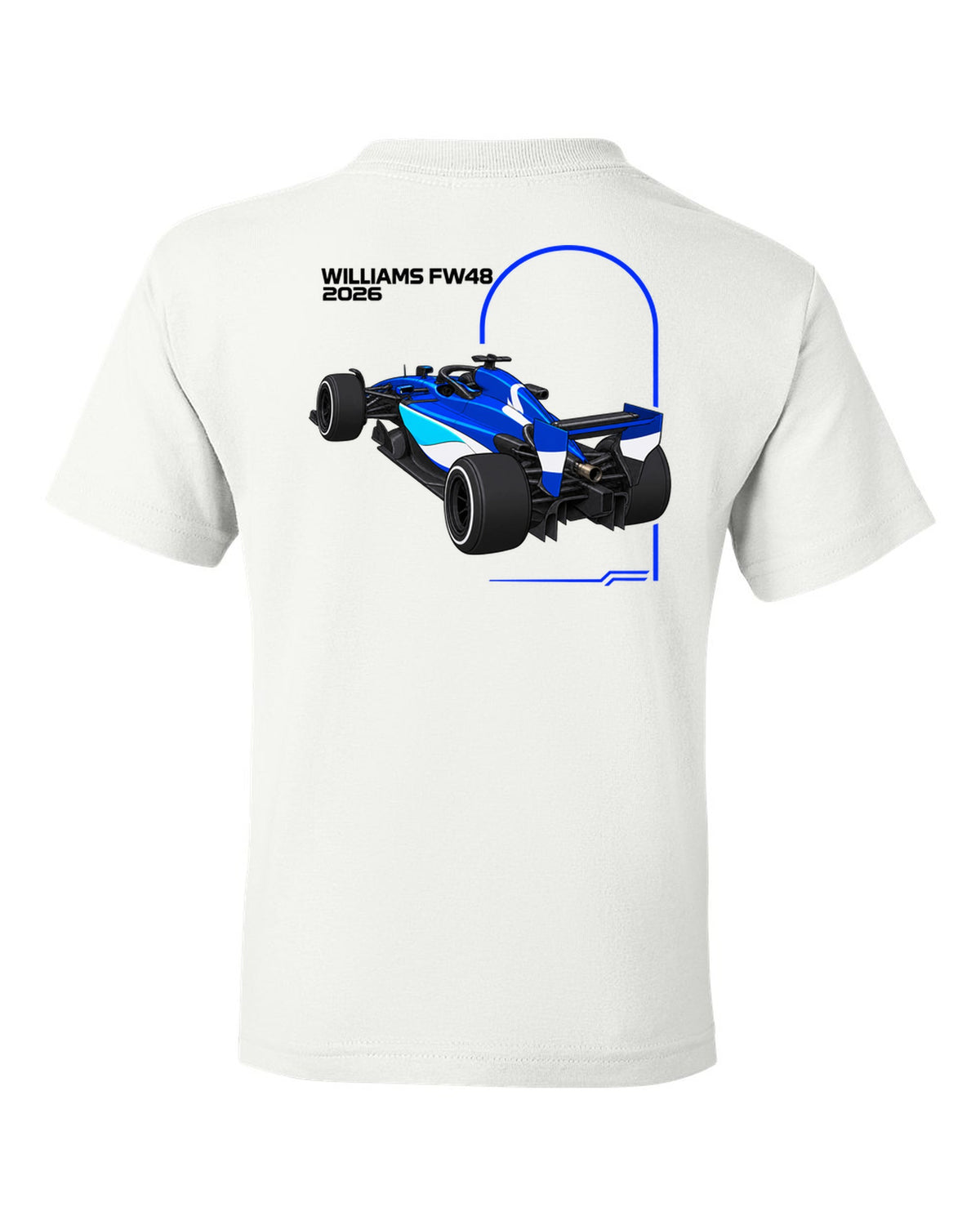 Williams FW48 2026 F1 car technical poster artwork white kids tee back view with the design