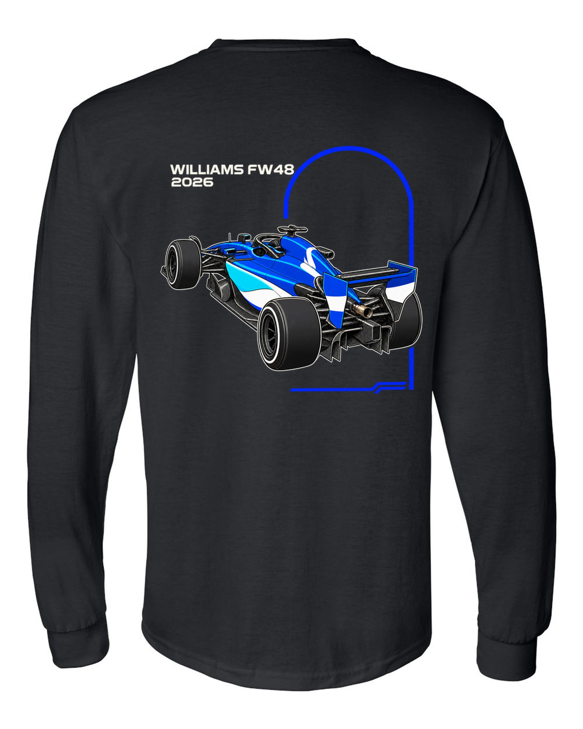 Williams FW48 2026 F1 car technical poster artwork black long sleeve back view with the design