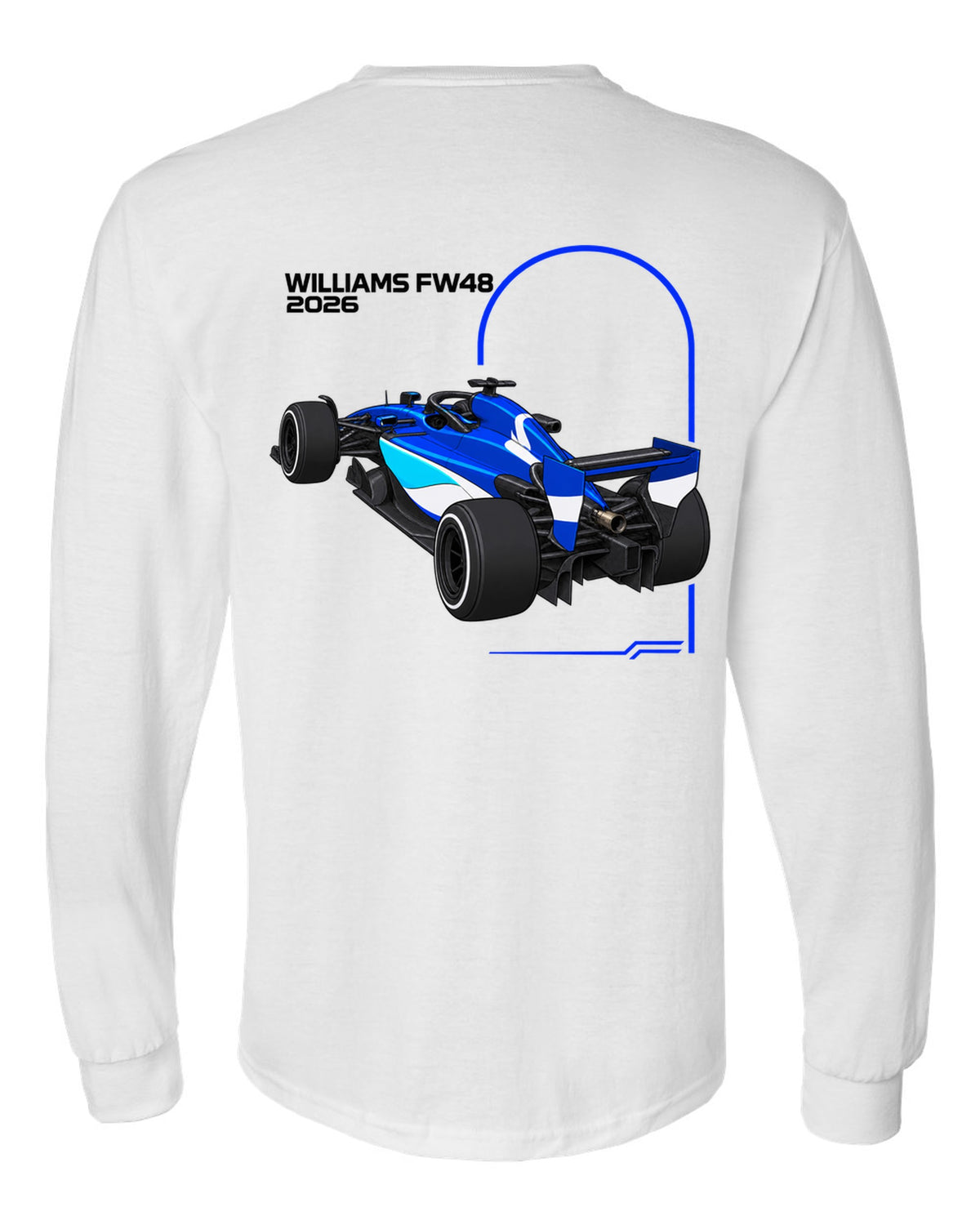 Williams FW48 2026 F1 car technical poster artwork white long sleeve back view with the design