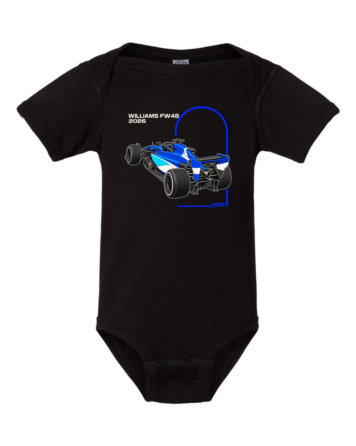 Williams FW48 2026 F1 car technical poster artwork black baby onesie front view with the design