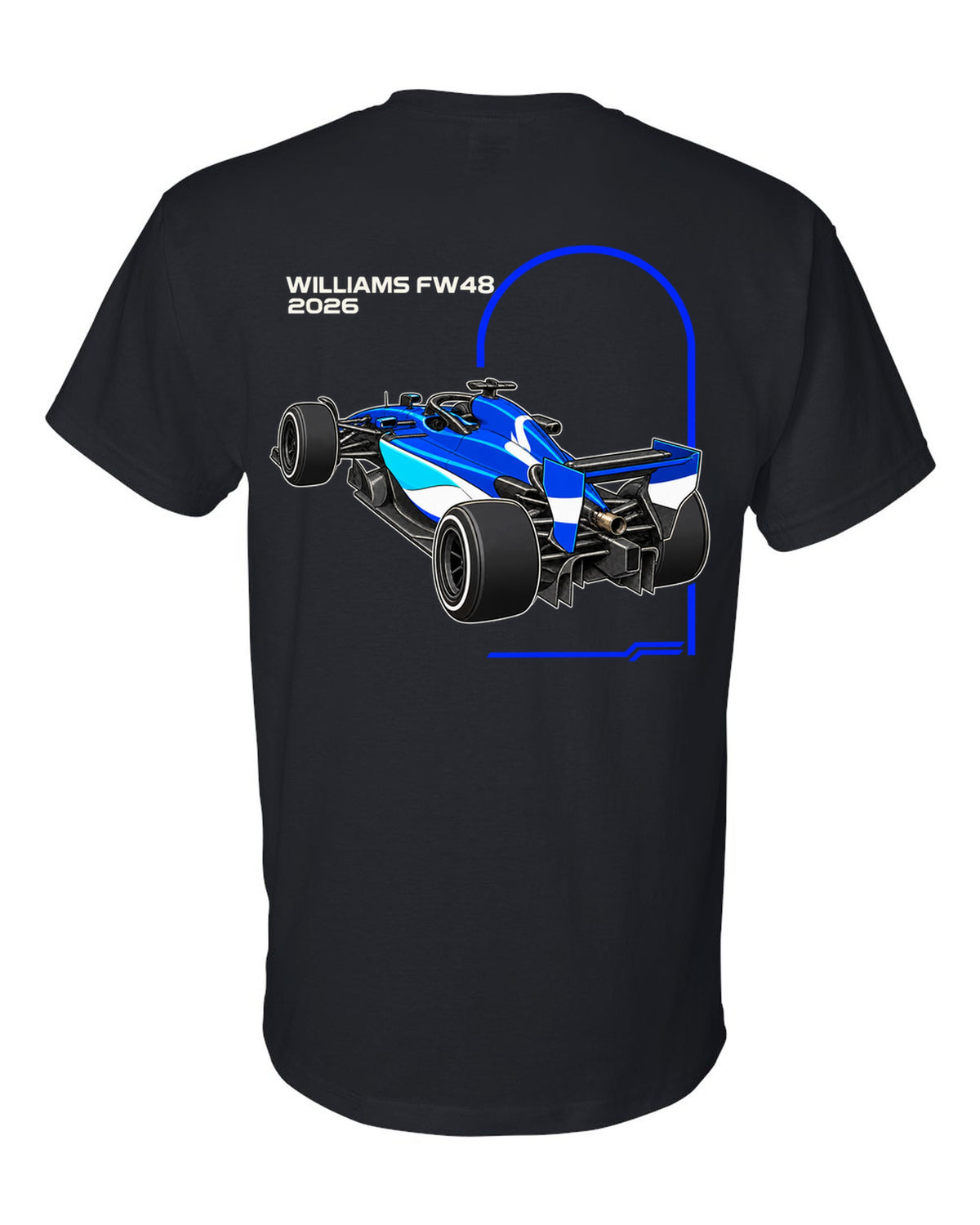 Williams FW48 2026 F1 car technical poster artwork black t-shirt back view with the design