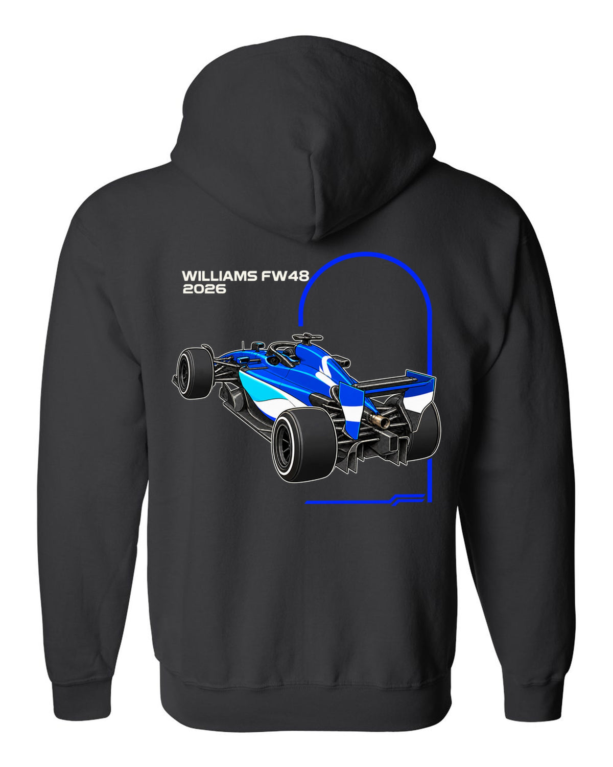 Williams FW48 2026 F1 car technical poster artwork black zip hoodie back view with the design