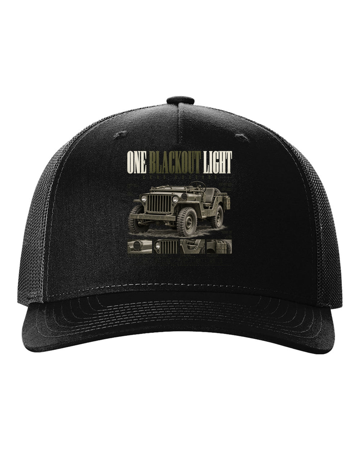 Editorial headline print for the Willys MB blackout light, 1941-1945 black hat front view with the design