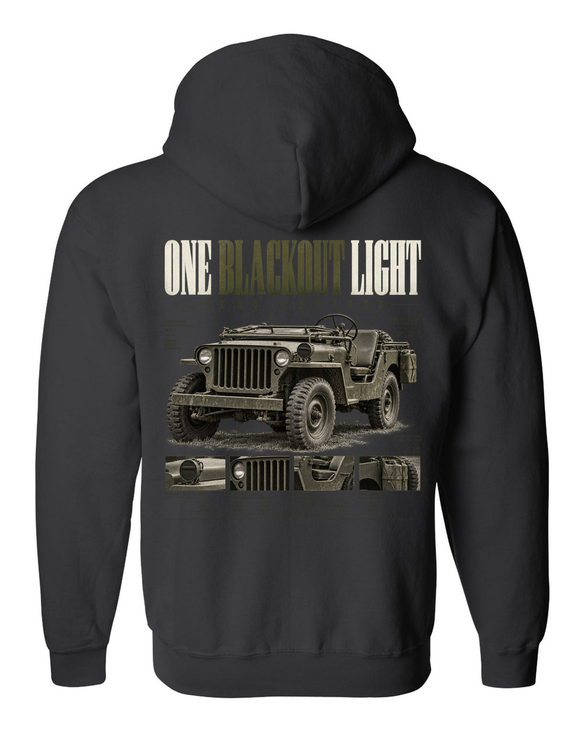 Editorial headline print for the Willys MB blackout light, 1941-1945 black zip hoodie back view with the design