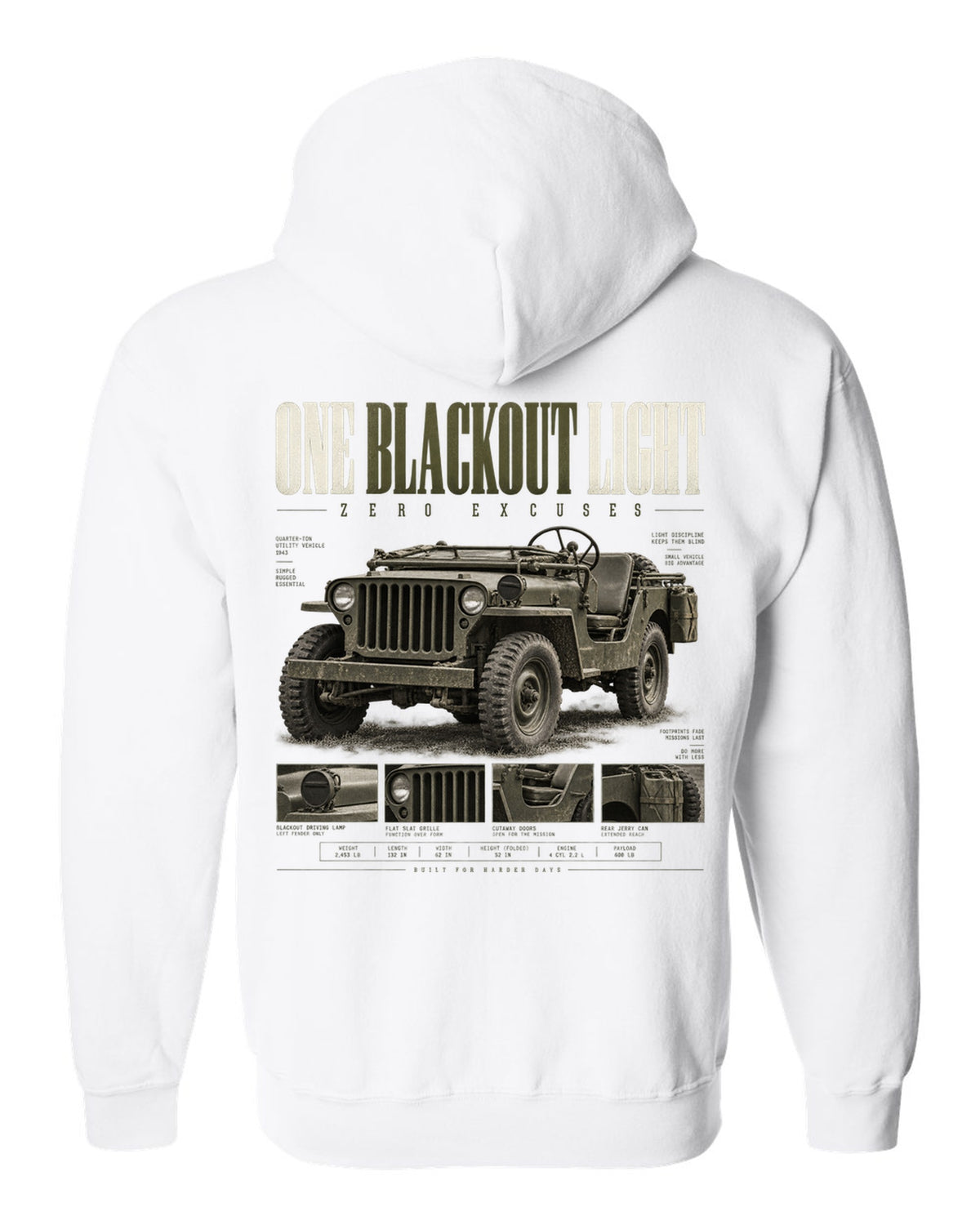Editorial headline print for the Willys MB blackout light, 1941-1945 white zip hoodie back view with the design