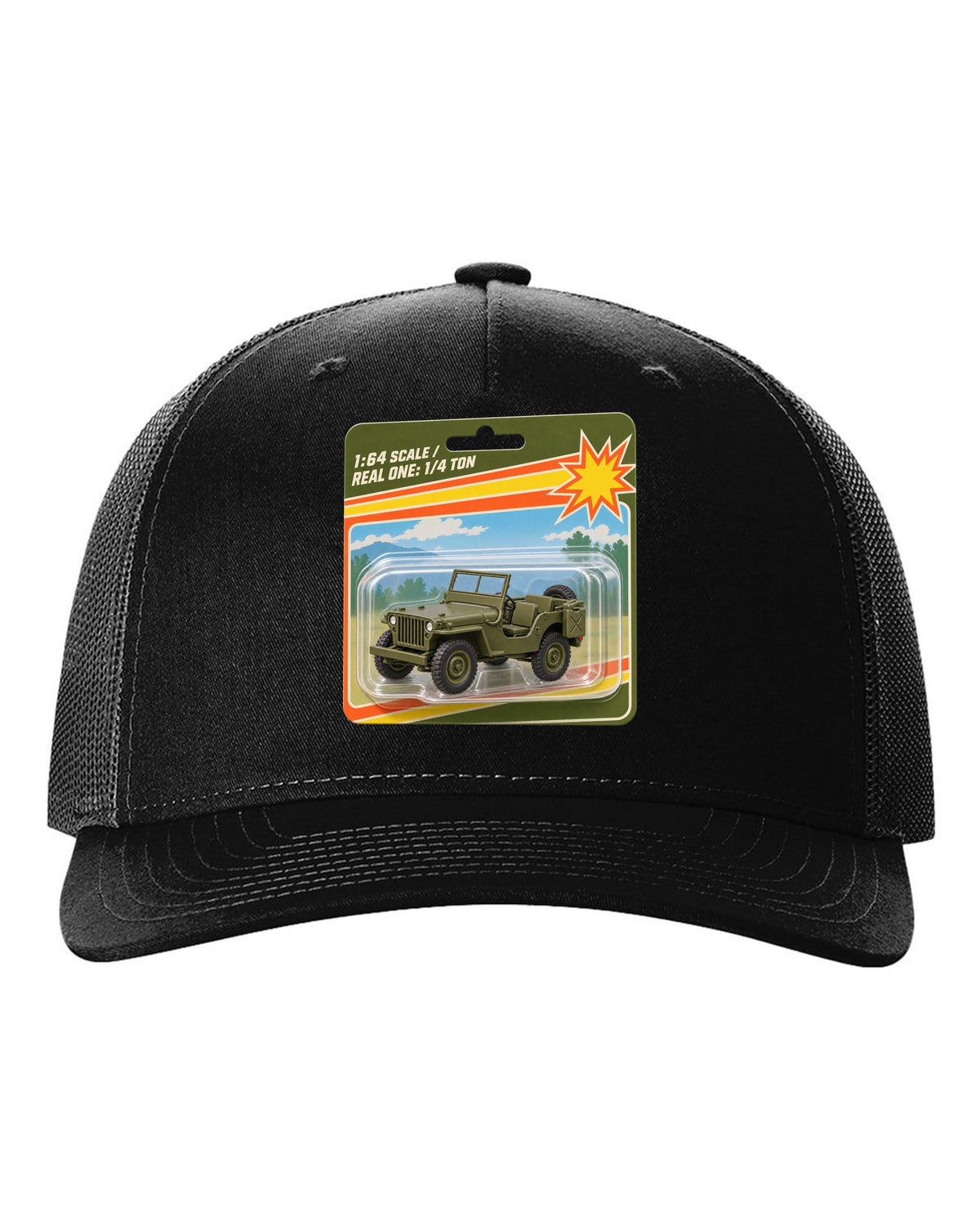 Toy blister card style print of a Willys MB with 1:64 scale text black hat front view with the design