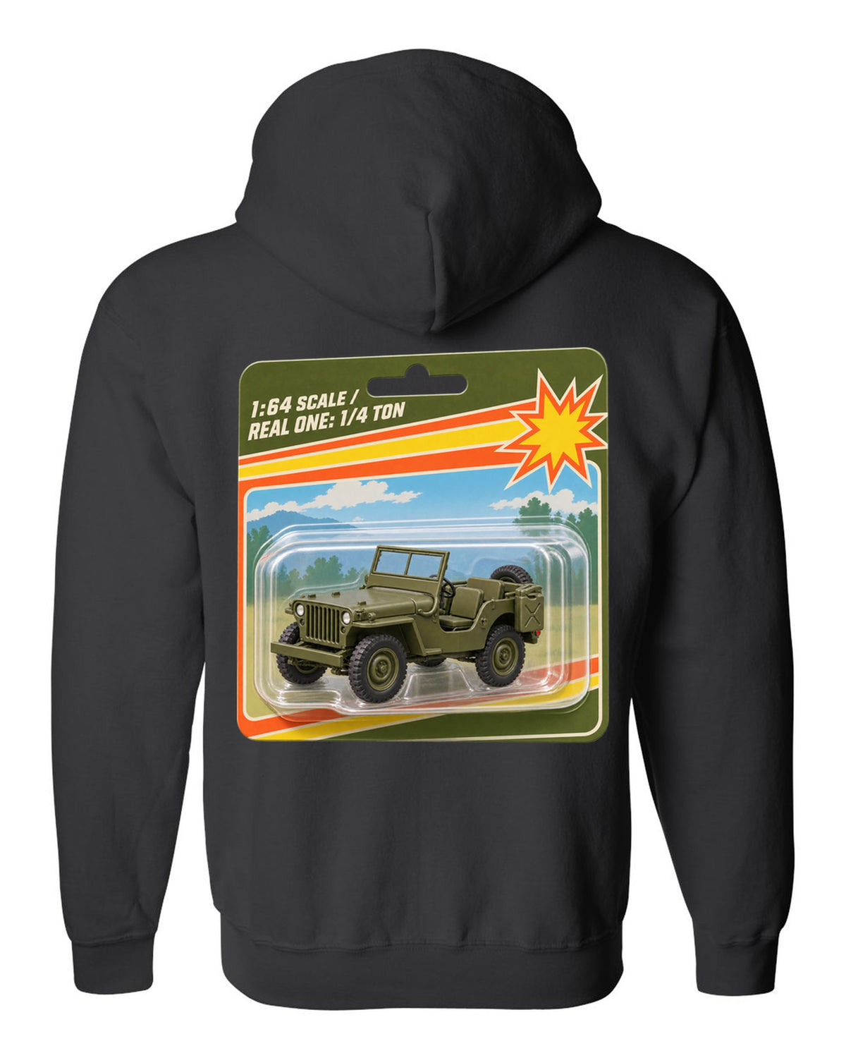 Toy blister card style print of a Willys MB with 1:64 scale text black zip hoodie back view with the design