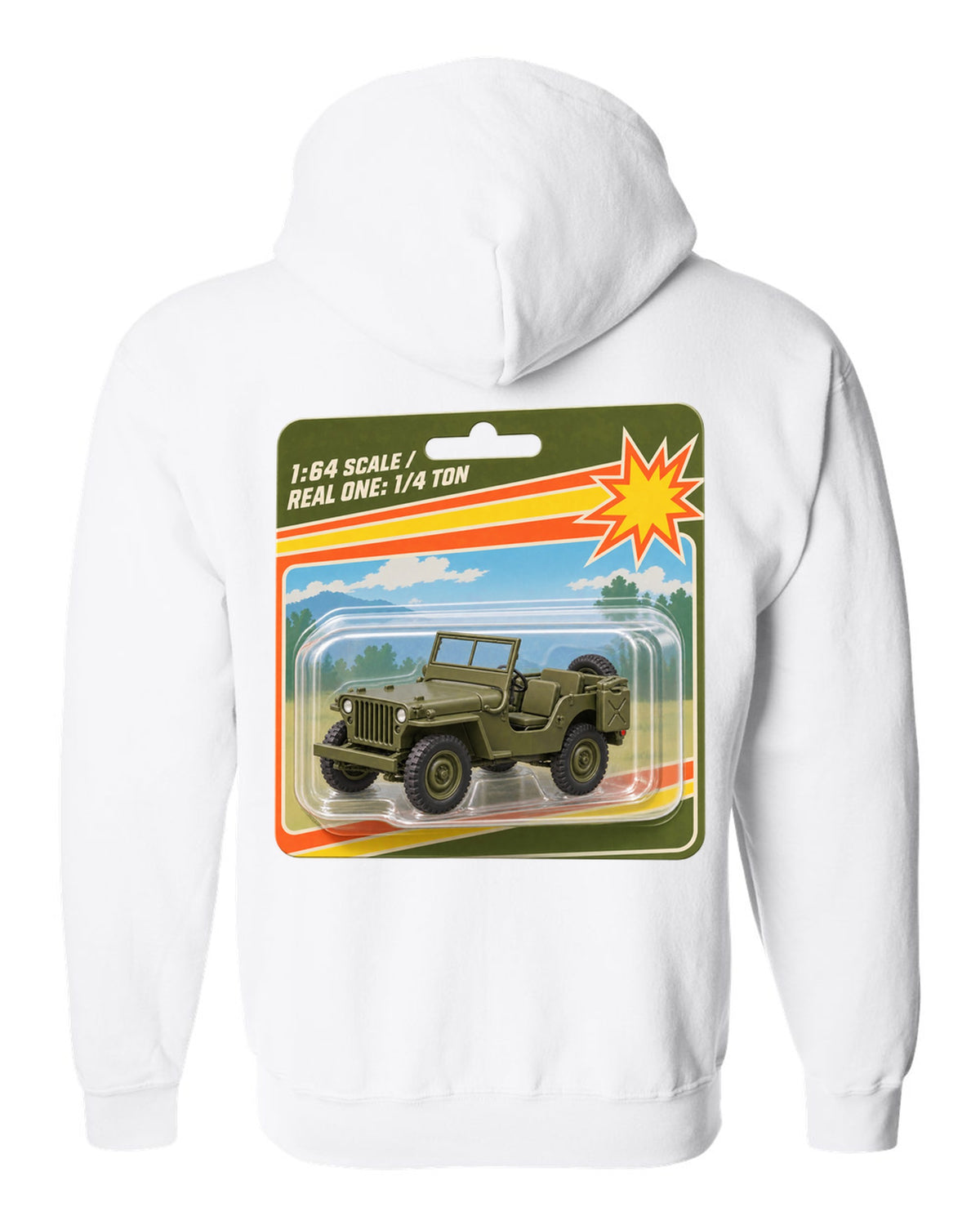 Toy blister card style print of a Willys MB with 1:64 scale text white zip hoodie back view with the design