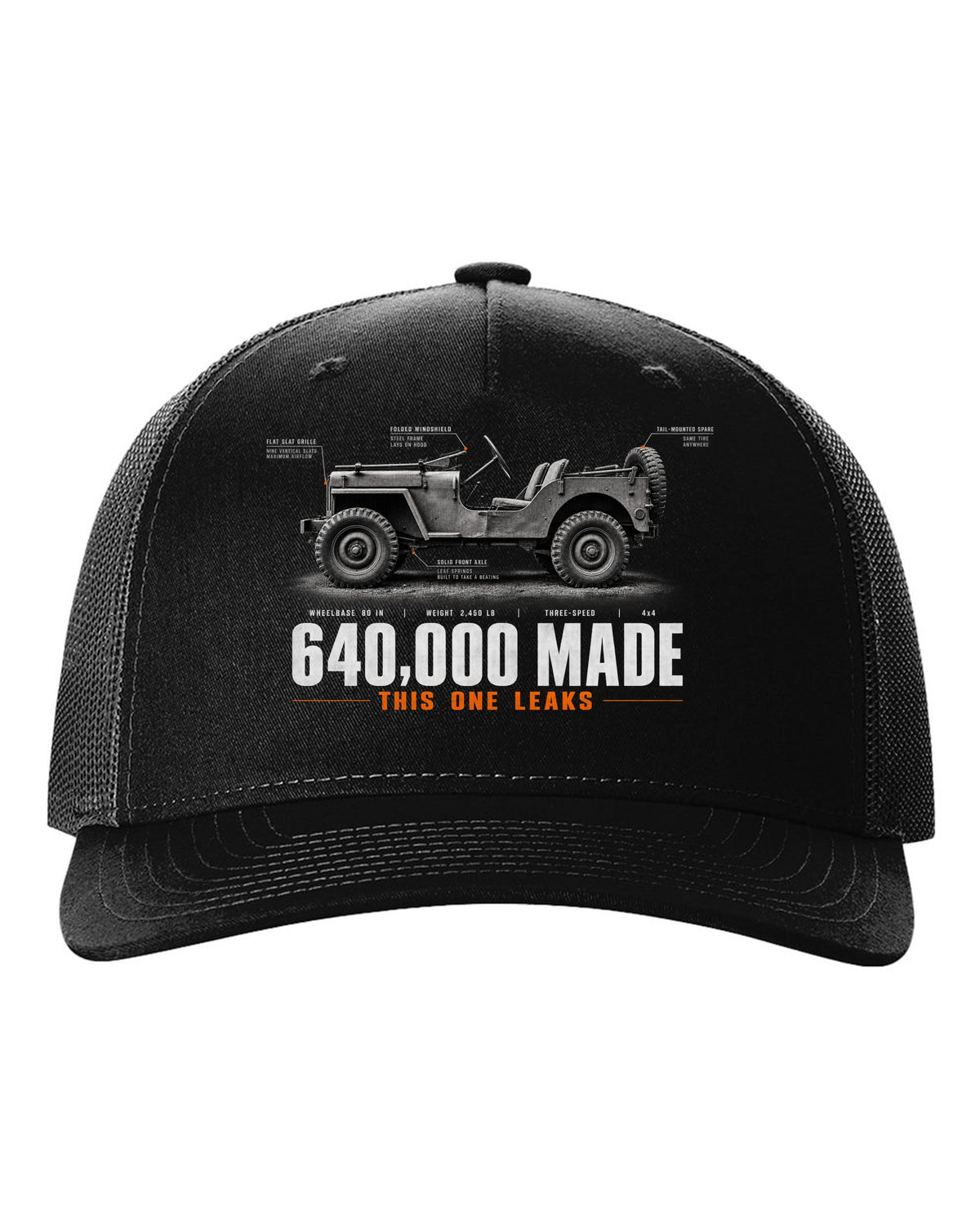Spec poster print for the Willys MB and Ford GPW, 640,000 made black hat front view with the design