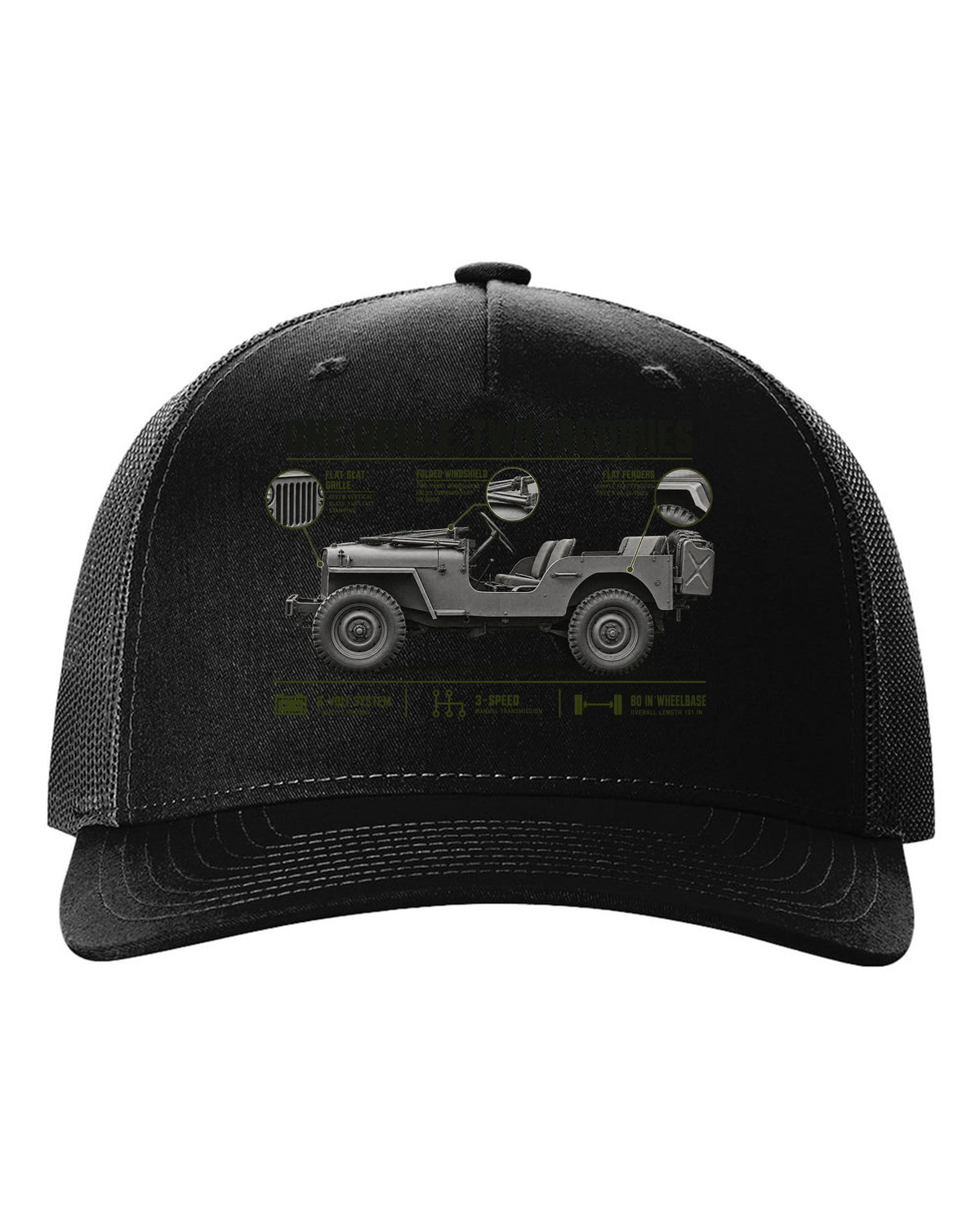 Spec poster print for the Willys MB and Ford GPW, 1941-1945 black hat front view with the design