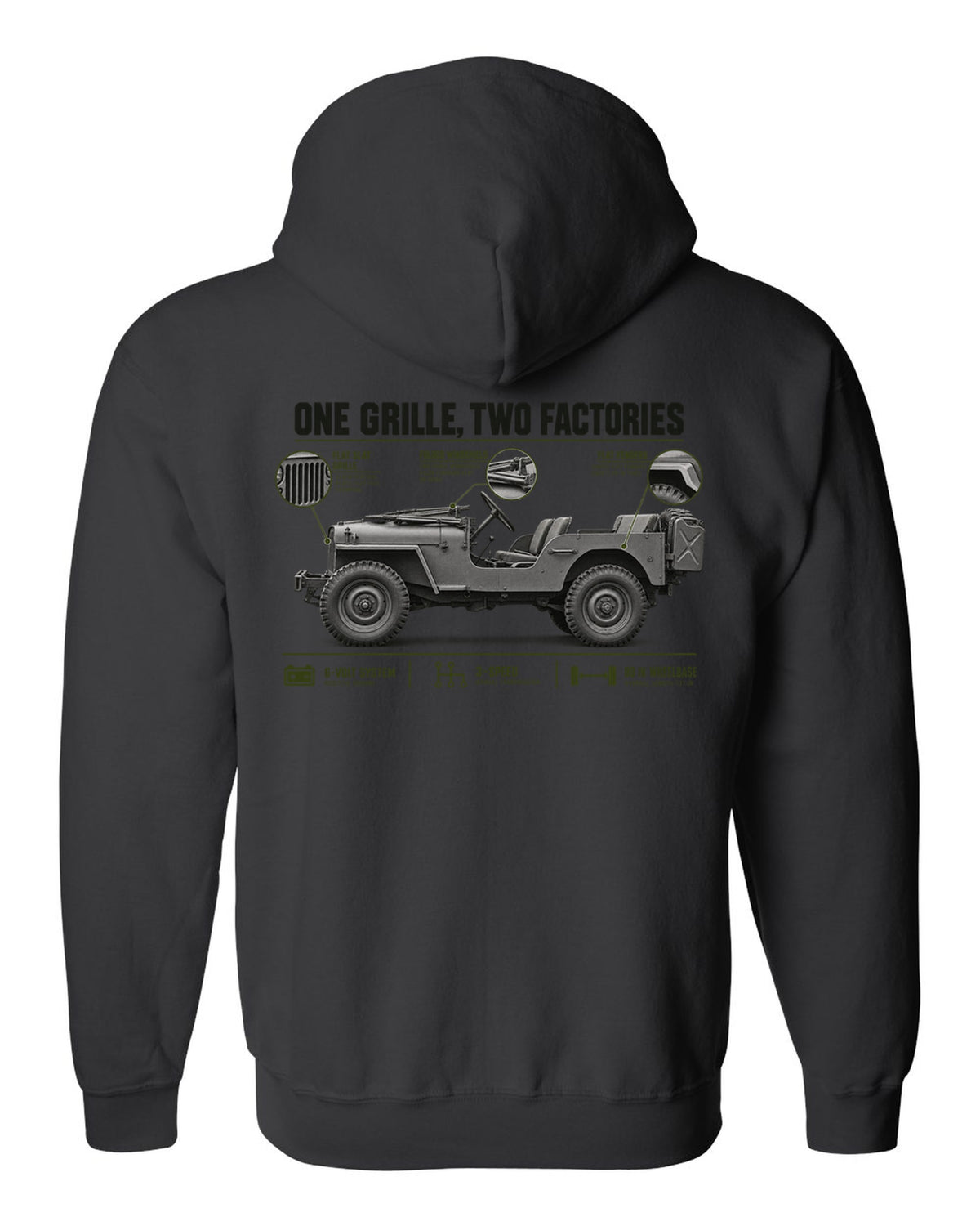 Spec poster print for the Willys MB and Ford GPW, 1941-1945 black zip hoodie back view with the design