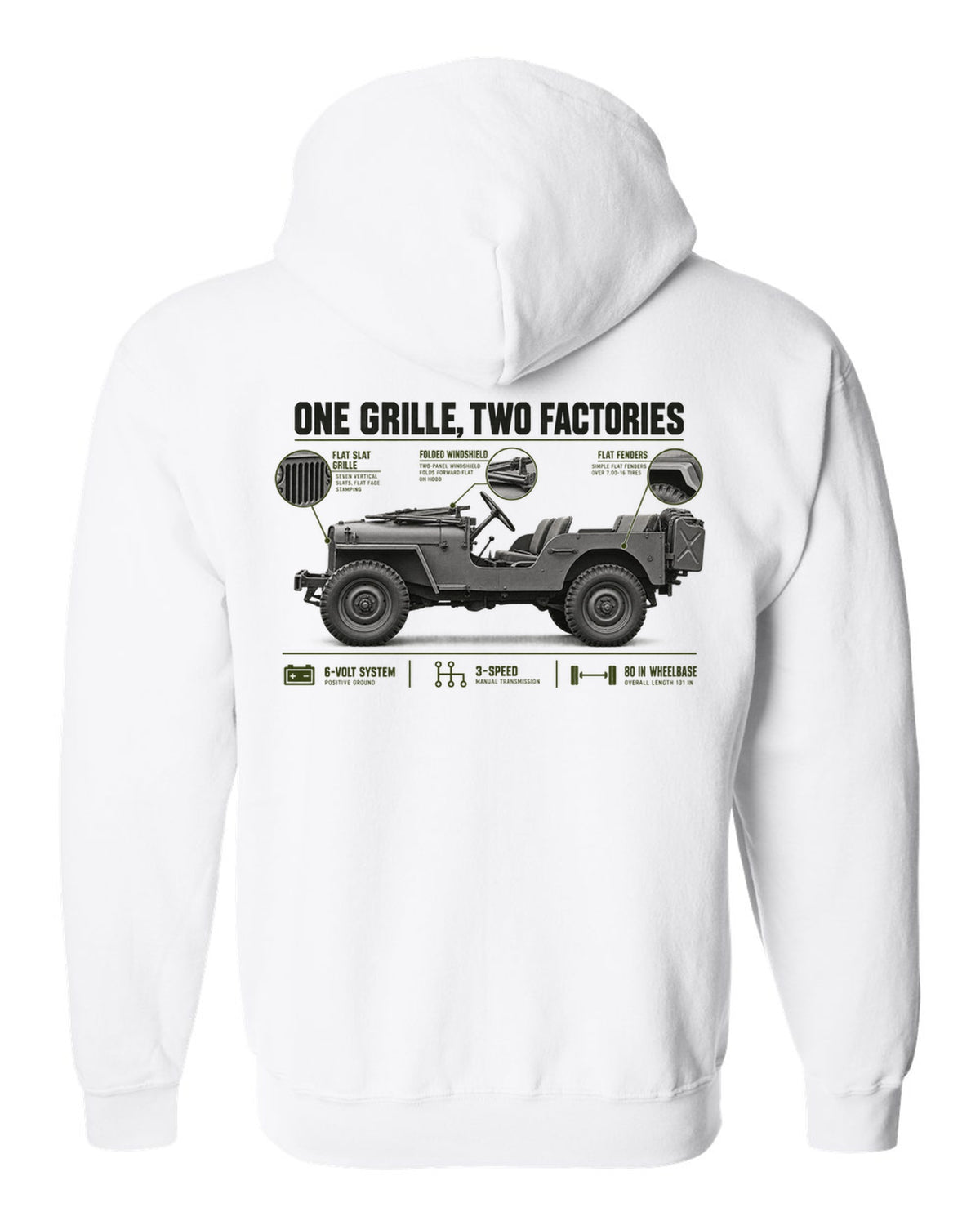 Spec poster print for the Willys MB and Ford GPW, 1941-1945 white zip hoodie back view with the design