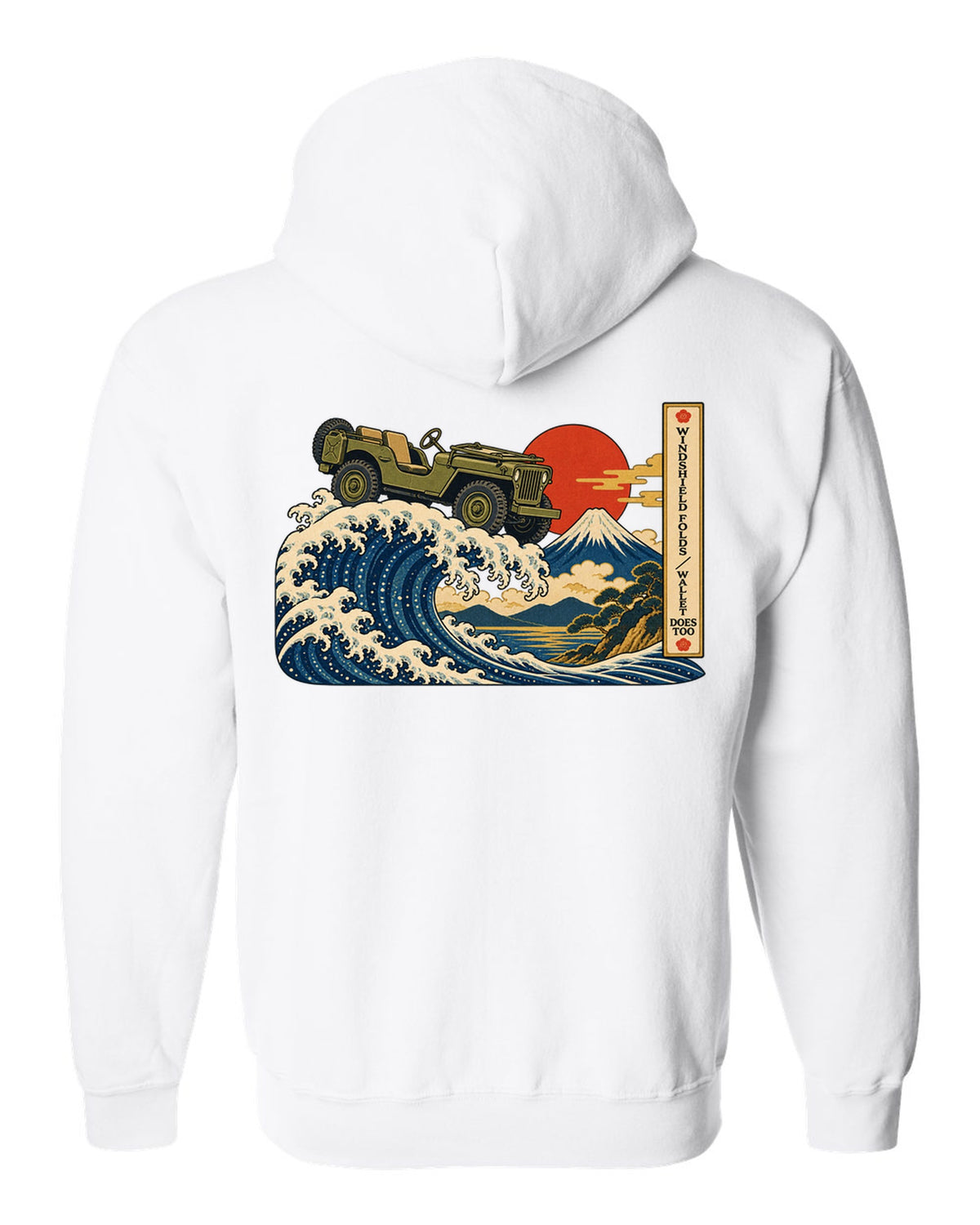 Ukiyo-e woodblock great wave print of a Willys MB with windshield joke text white zip hoodie back view with the design