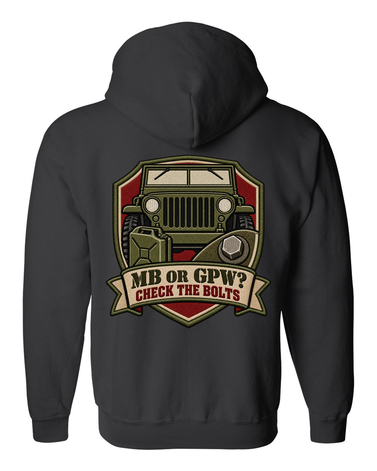 Embroidery-style service crest print of a Willys MB and Ford GPW with bolts text black zip hoodie back view with the design