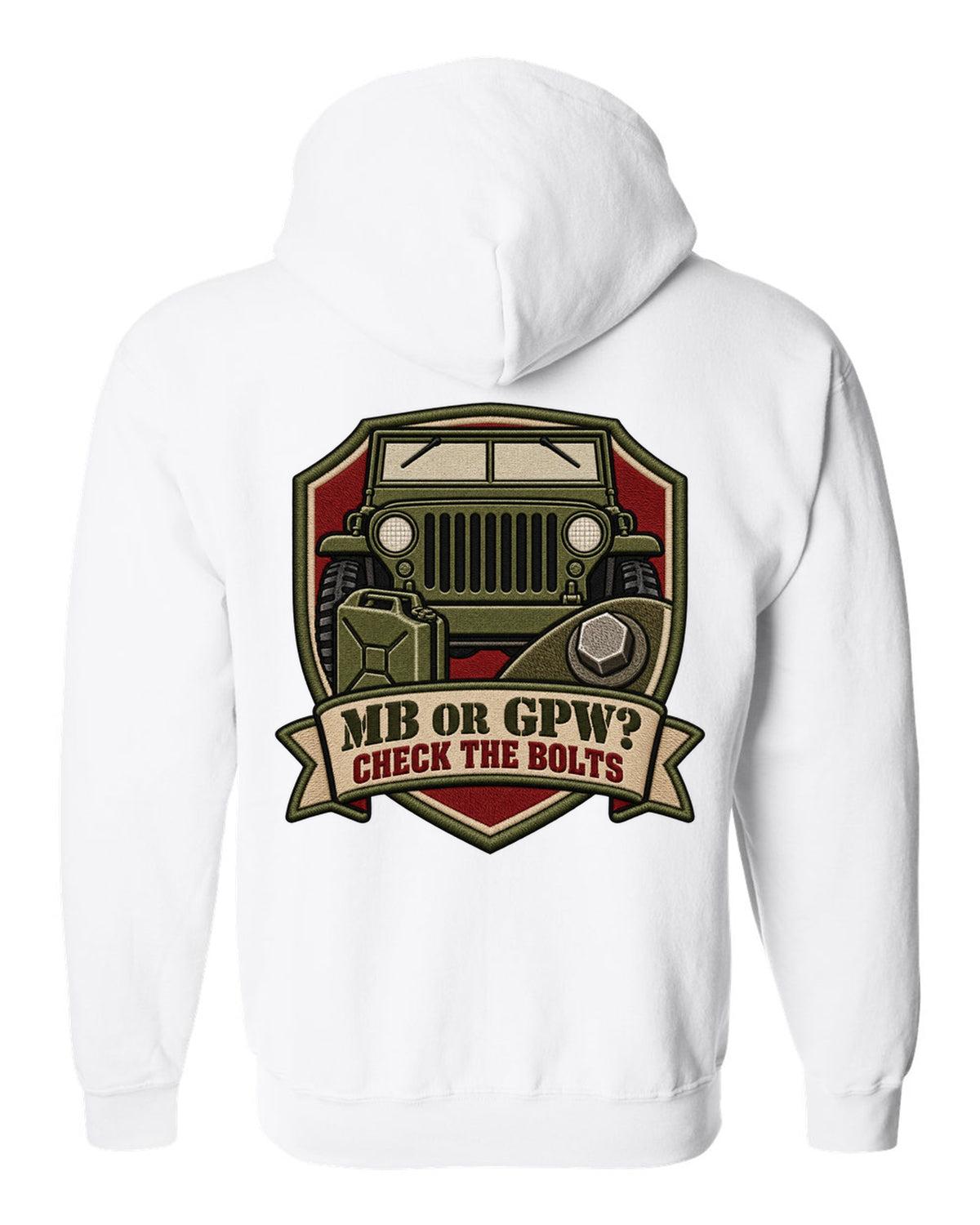 Embroidery-style service crest print of a Willys MB and Ford GPW with bolts text white zip hoodie back view with the design