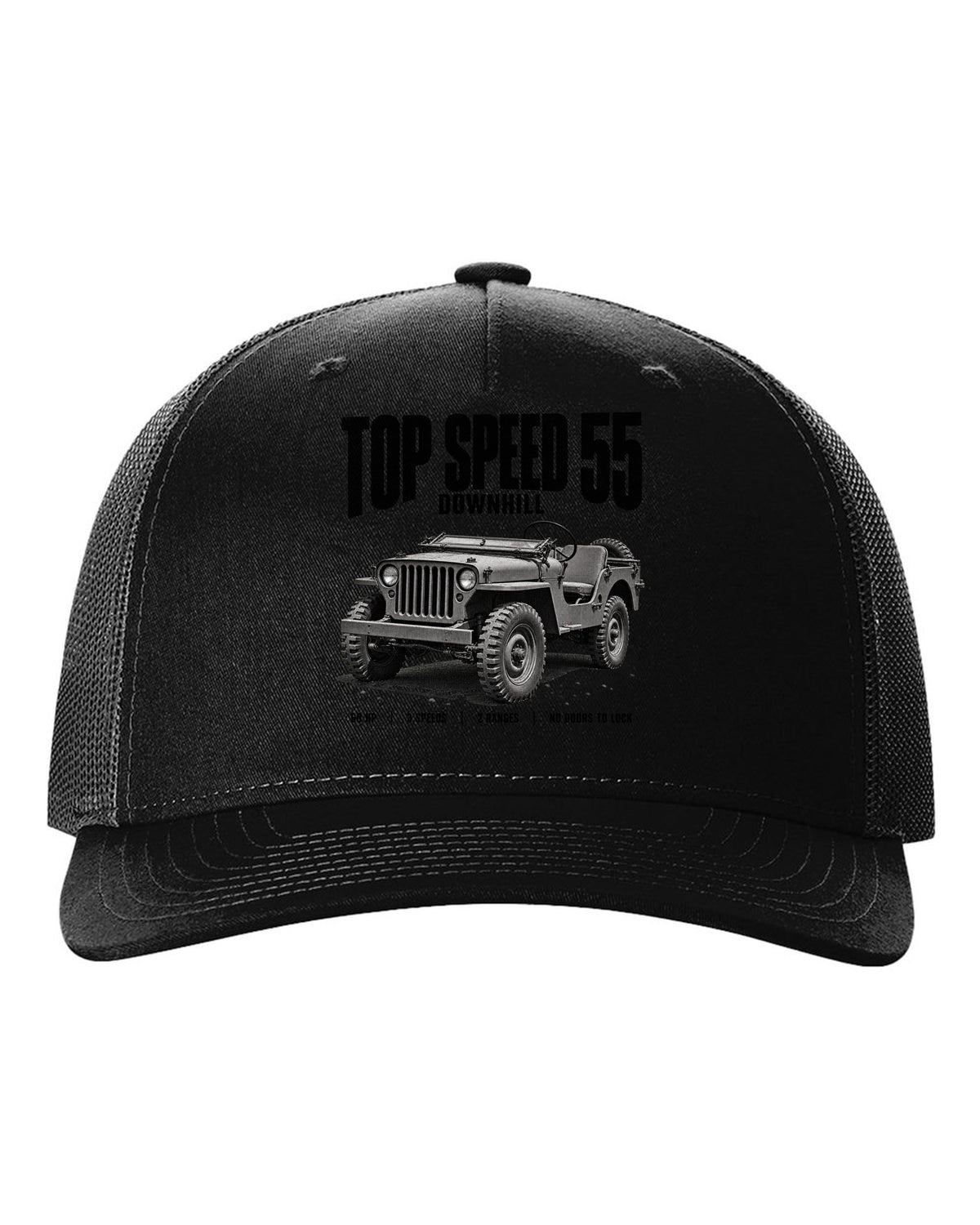 Halftone print for the Willys MB, Top Speed 55 Downhill black hat front view with the design