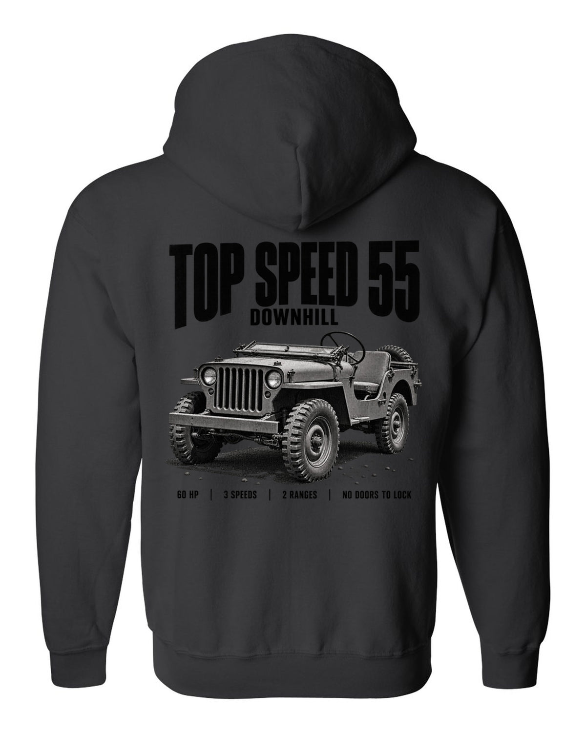 Halftone print for the Willys MB, Top Speed 55 Downhill black zip hoodie back view with the design