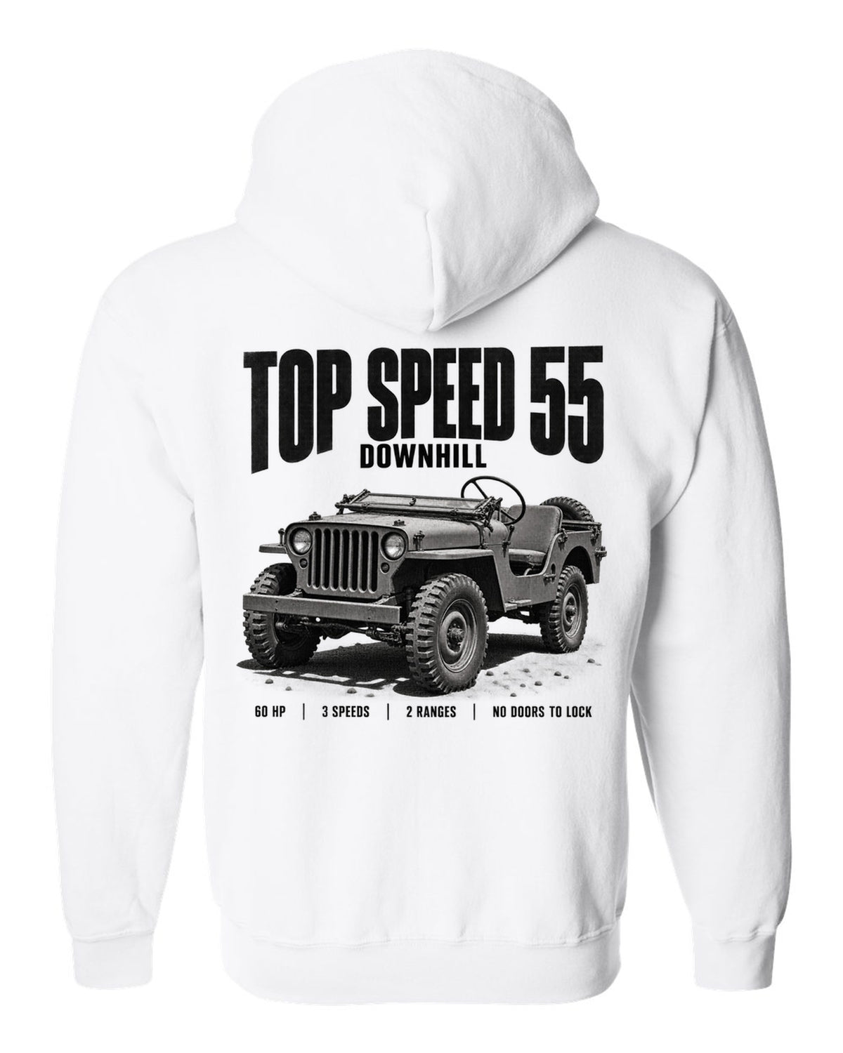 Halftone print for the Willys MB, Top Speed 55 Downhill white zip hoodie back view with the design