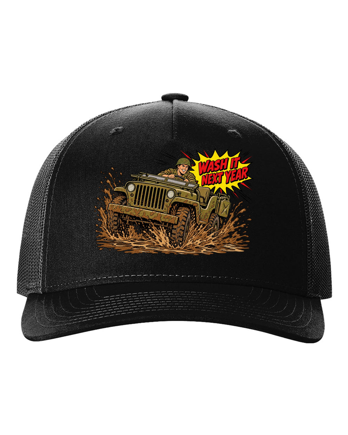 Comic halftone pop-art print of a Willys MB splashing mud with wash it next year text black hat front view with the design