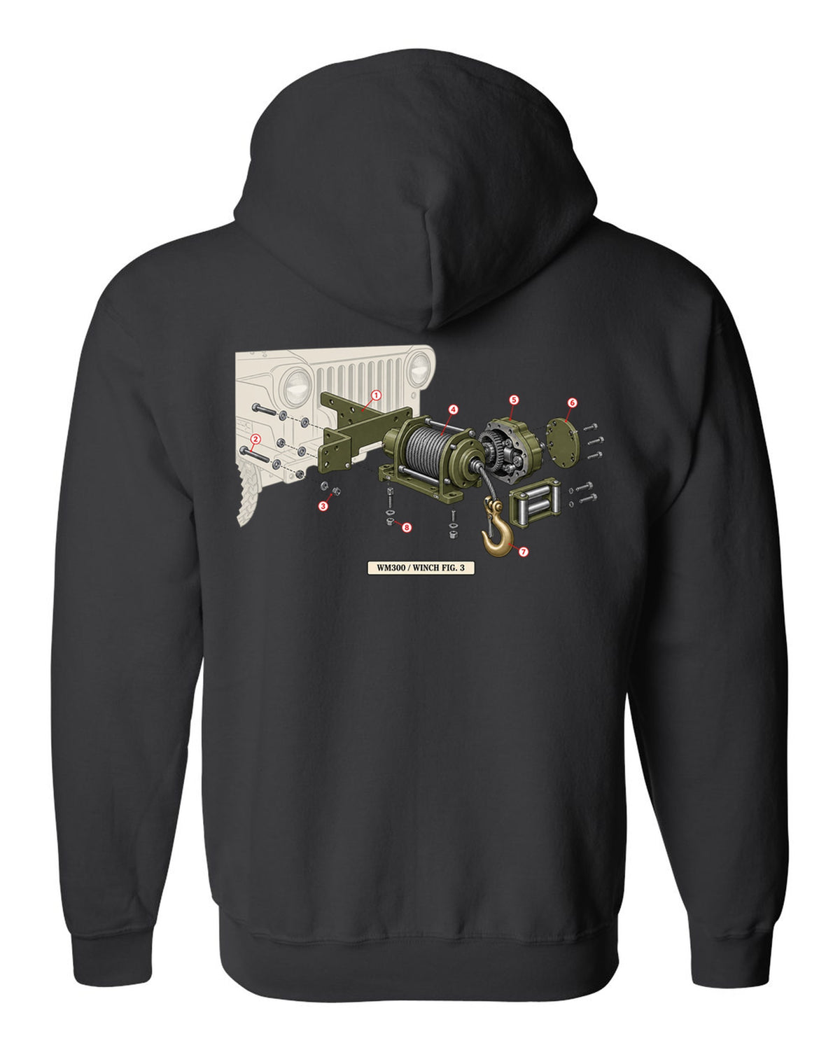 Exploded diagram print of a Dodge Power Wagon WM300 front winch labelled Fig. 3 black zip hoodie back view with the design