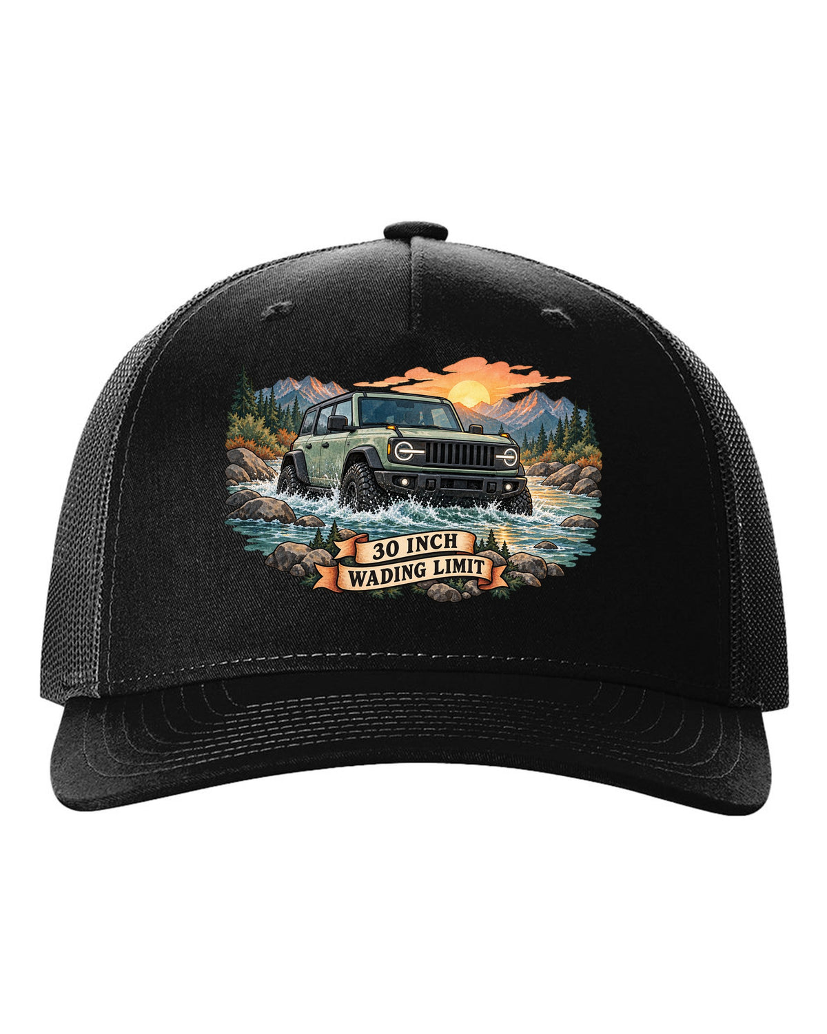 Jeep Wrangler JLU watercolour river crossing at sunrise with 30 inch wading limit text black hat front view with the design