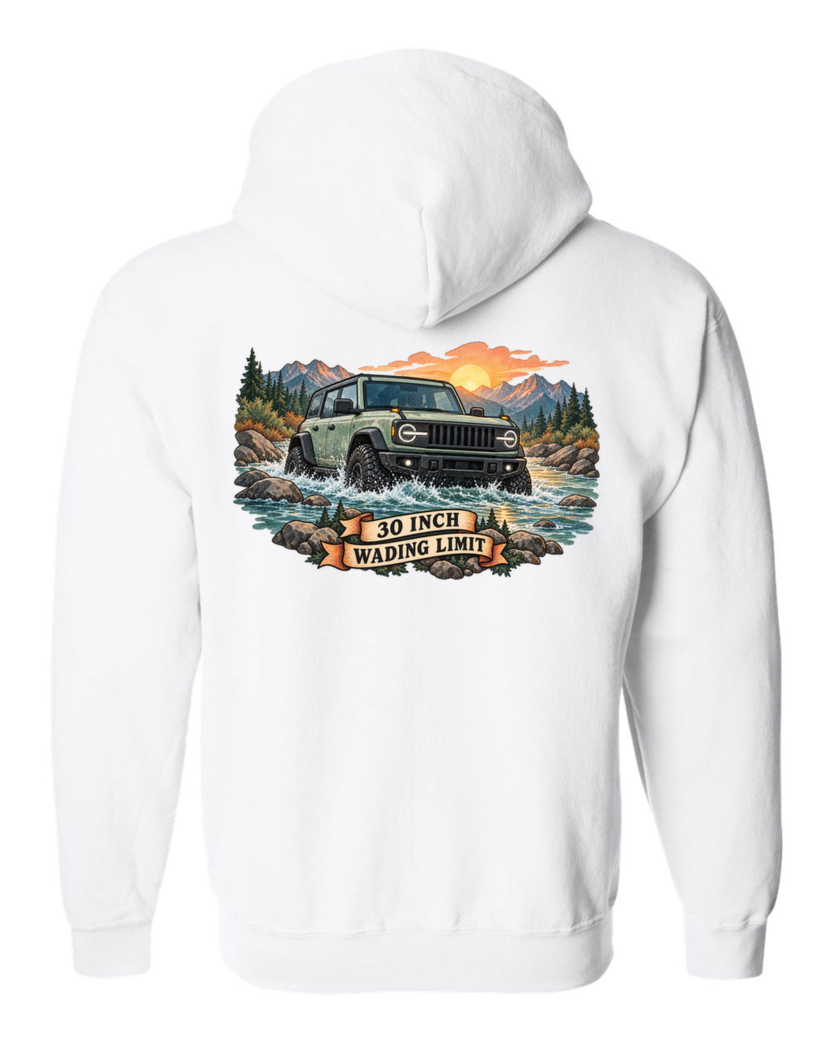 Jeep Wrangler JLU watercolour river crossing at sunrise with 30 inch wading limit text white zip hoodie back view with the design