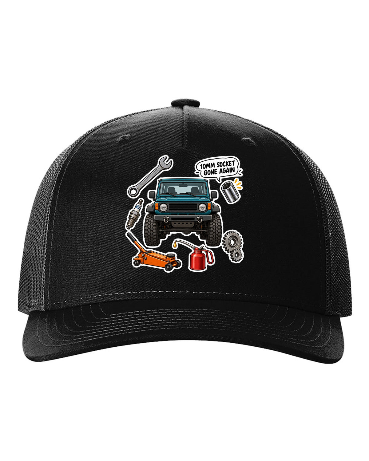 Jeep Wrangler TJ sticker bomb collage design with 10mm socket gone again text black hat front view with the design
