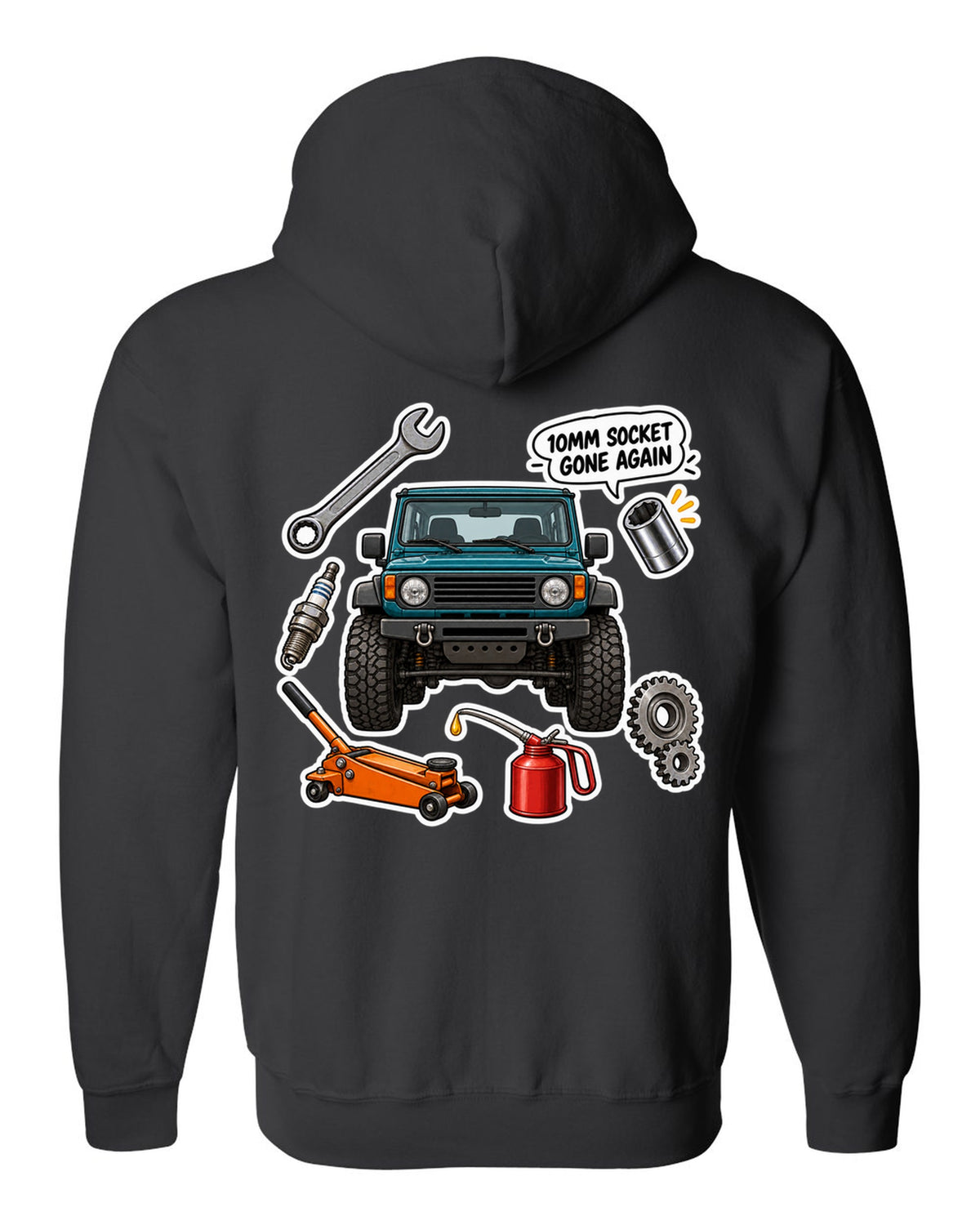 Jeep Wrangler TJ sticker bomb collage design with 10mm socket gone again text black zip hoodie back view with the design