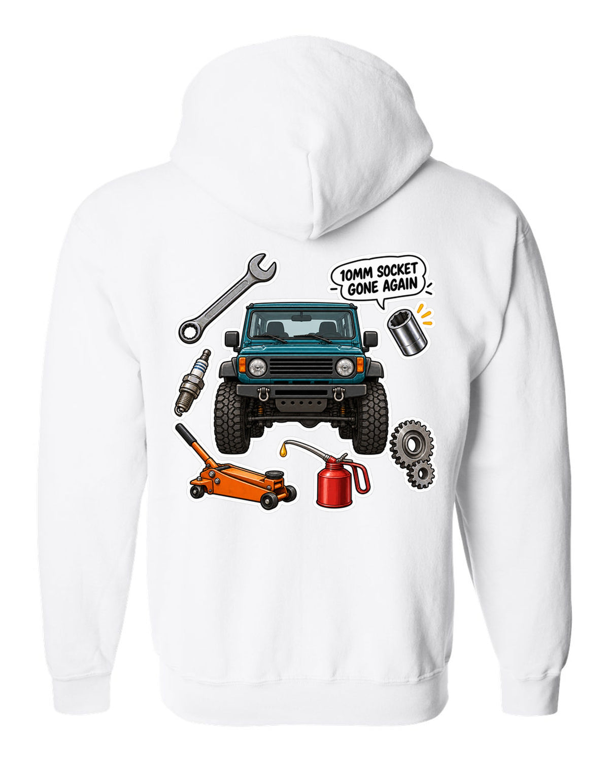 Jeep Wrangler TJ sticker bomb collage design with 10mm socket gone again text white zip hoodie back view with the design
