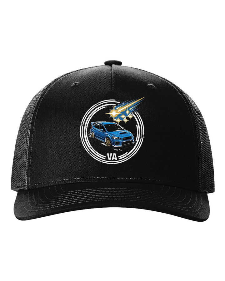Subaru WRX STI Pleiades black trucker hat front view with the design
