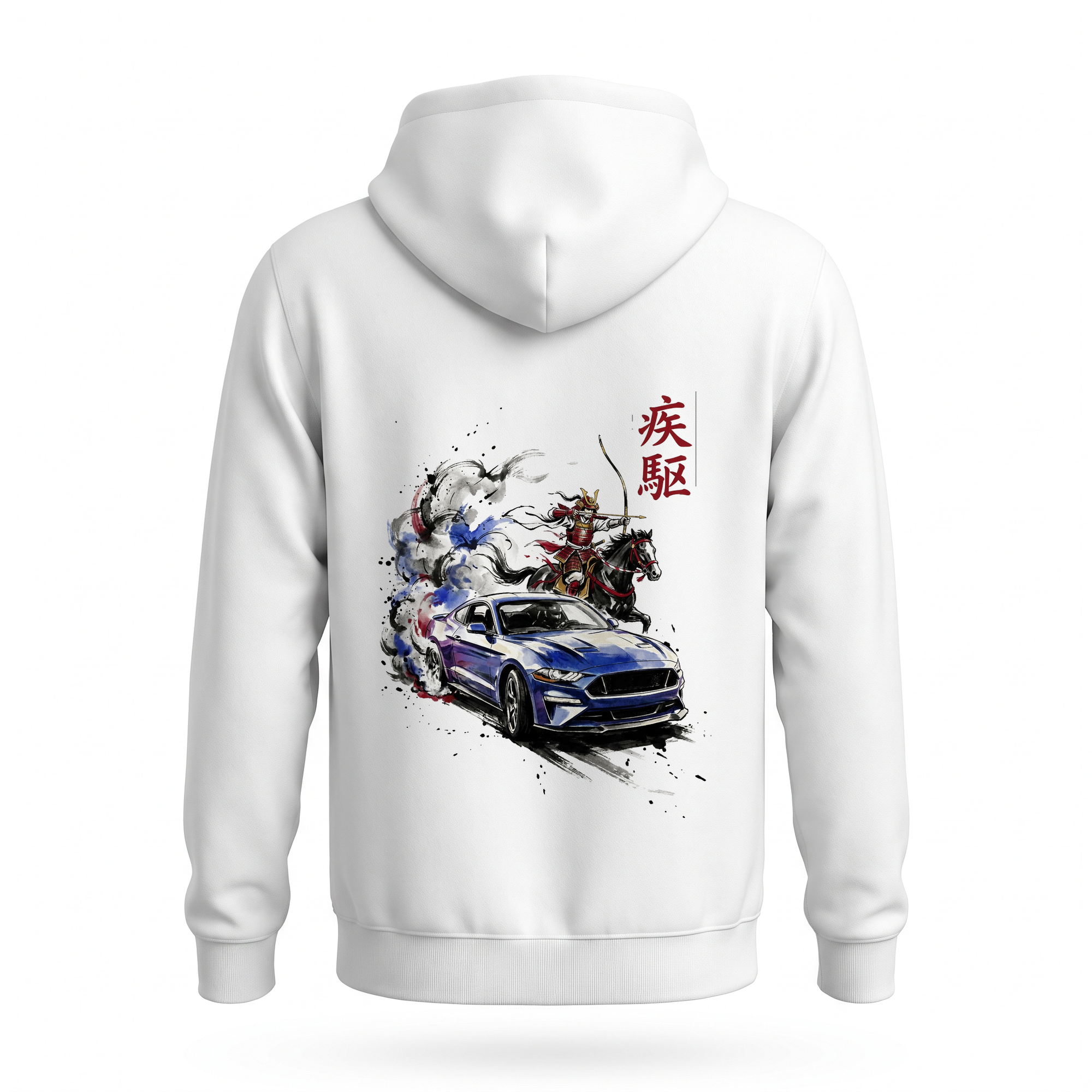 Yabusame — Mustang Mounted Archer Sumi Ink Full-Back Hoodie — White back