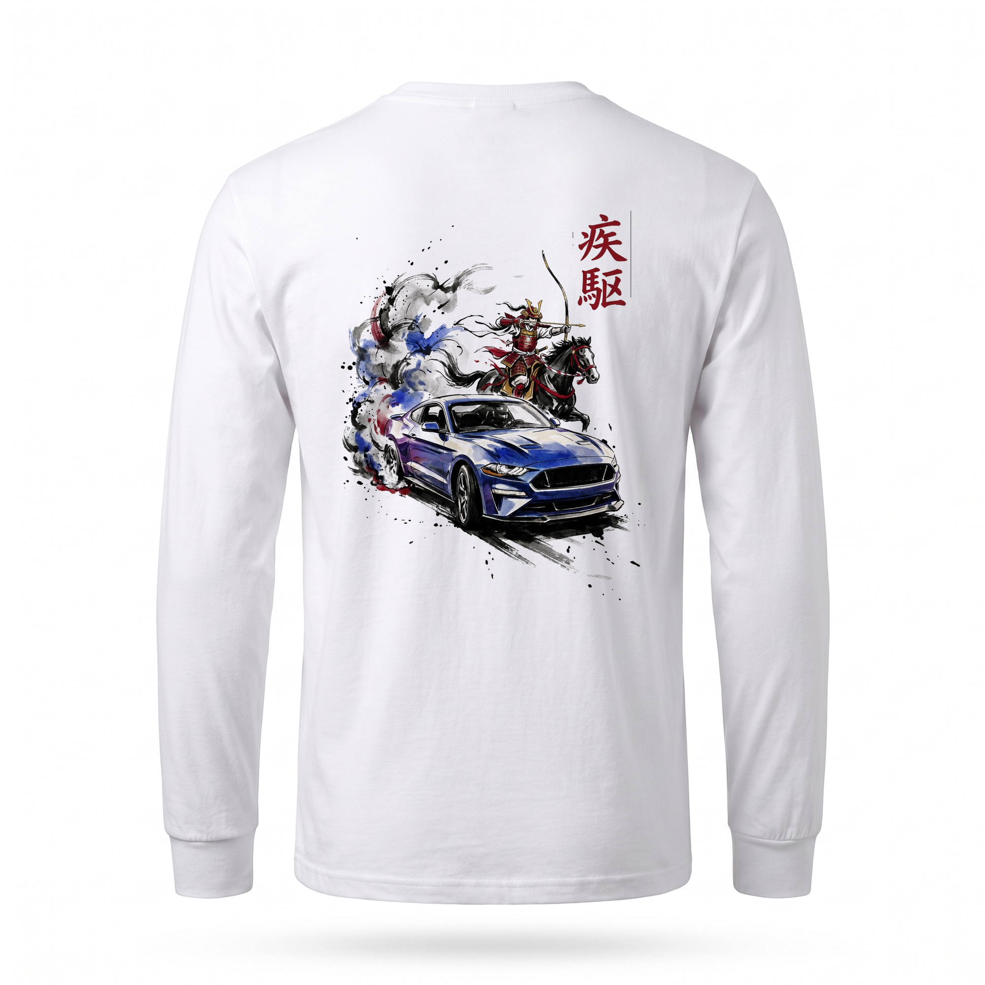 Yabusame — Mustang Mounted Archer Sumi Ink Full-Back Long Sleeve — White back
