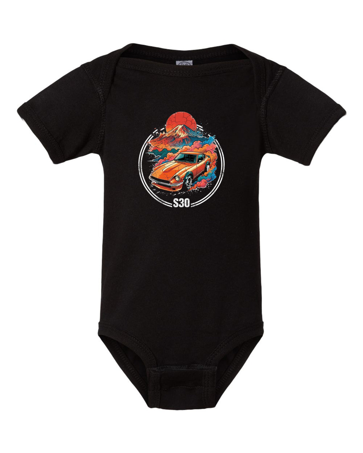 Datsun 240Z Sunrise black baby onesie front view with the design