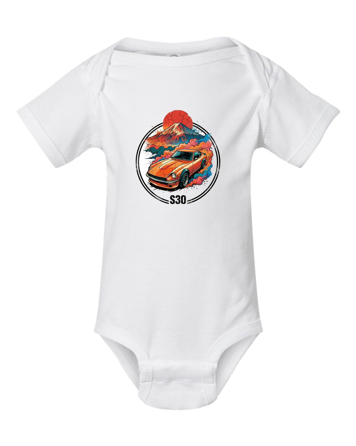 Datsun 240Z Sunrise white baby onesie front view with the design