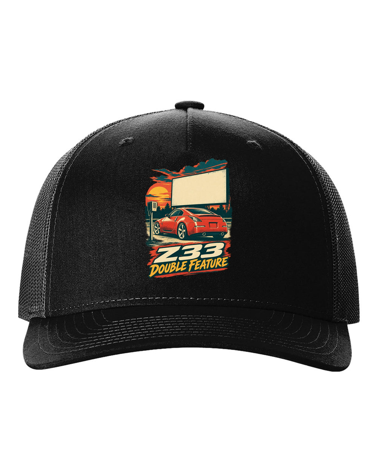Vintage lithograph race poster print of a Nissan 350Z Z33 at a drive-in black hat front view with the design