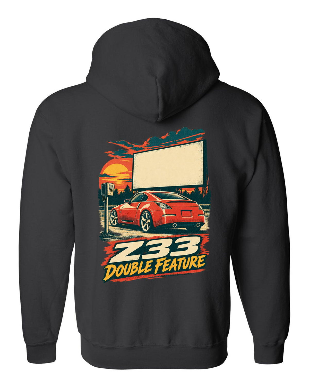 Vintage lithograph race poster print of a Nissan 350Z Z33 at a drive-in black zip hoodie back view with the design