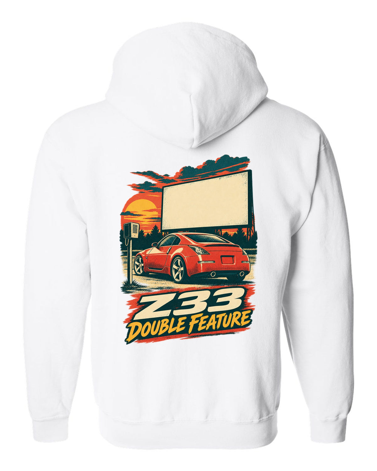 Vintage lithograph race poster print of a Nissan 350Z Z33 at a drive-in white zip hoodie back view with the design
