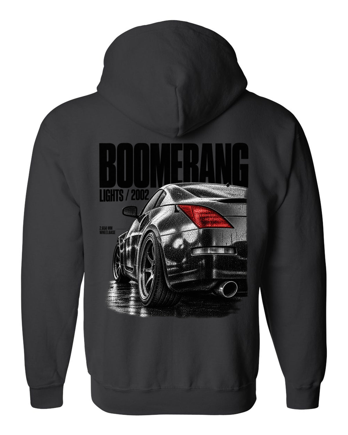 Macro print of Nissan 350Z Z33 boomerang taillights with 2,650 mm wheelbase text black zip hoodie back view with the design