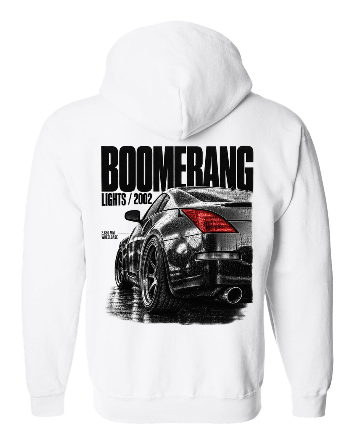 Macro print of Nissan 350Z Z33 boomerang taillights with 2,650 mm wheelbase text white zip hoodie back view with the design