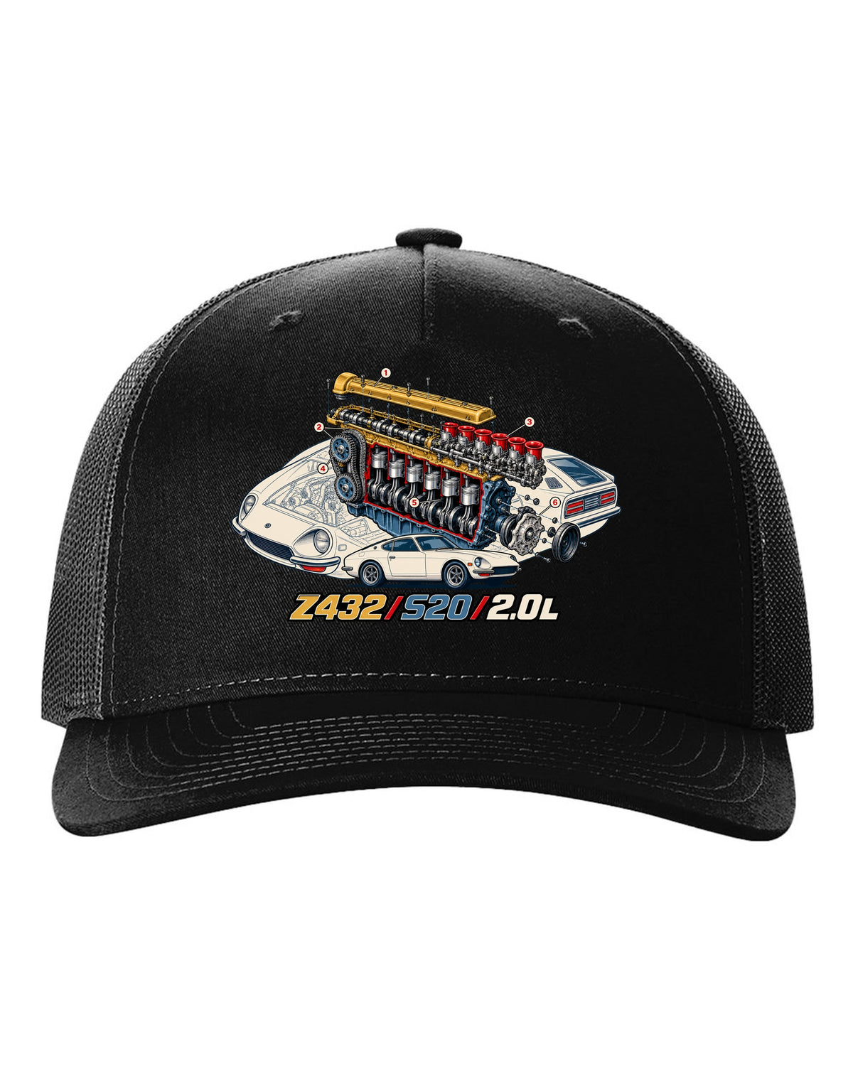 Exploded cutaway engine print for the Z432 with S20 2.0L lettering black hat front view with the design