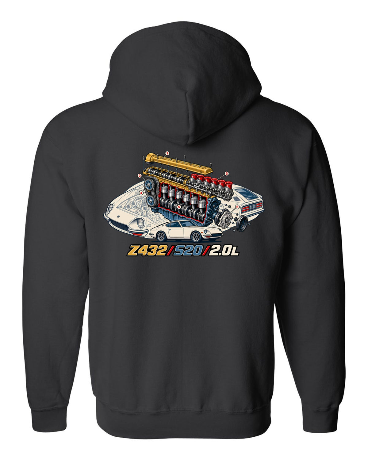 Exploded cutaway engine print for the Z432 with S20 2.0L lettering black zip hoodie back view with the design